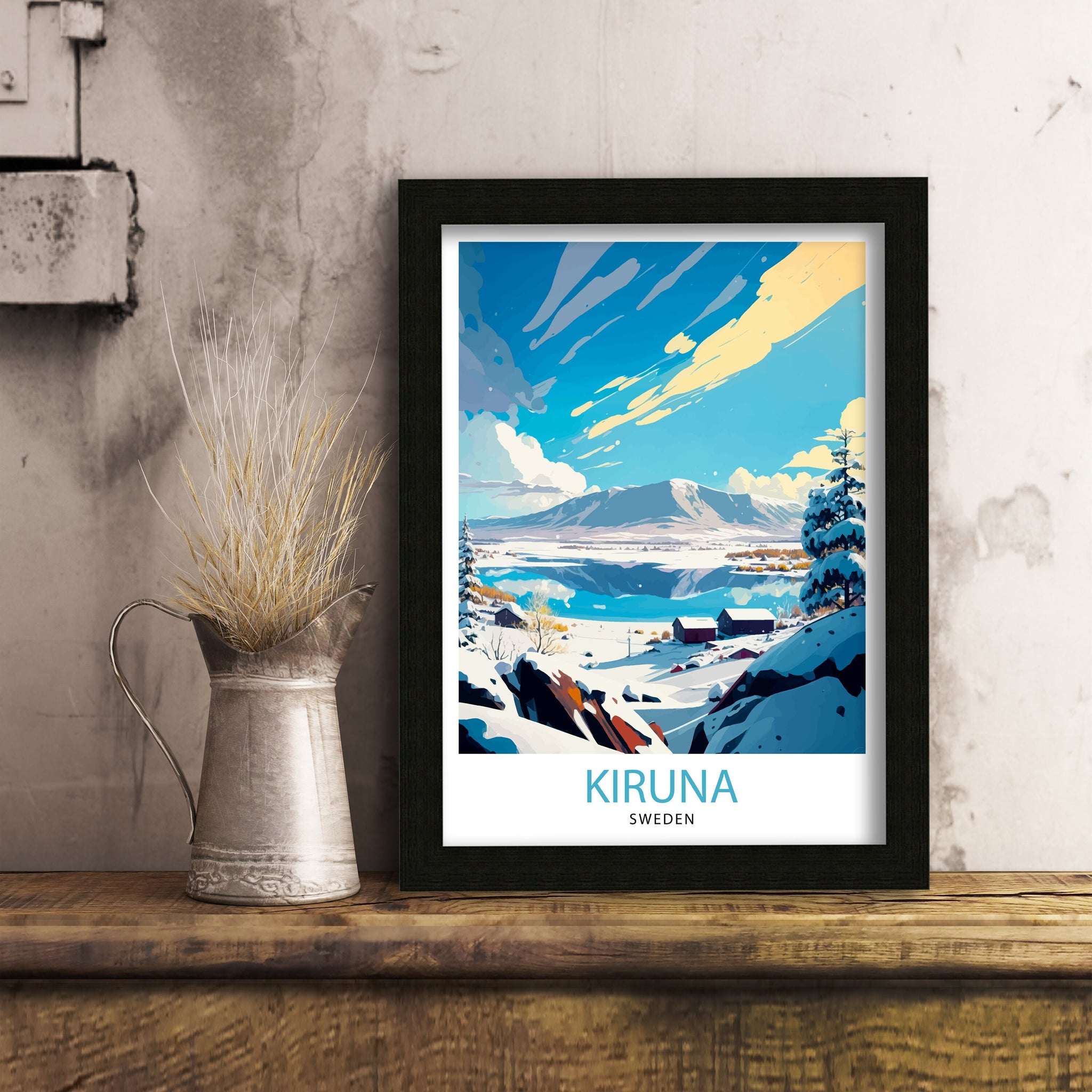Kiruna Sweden Travel Poster, Illustrated Winter Scene