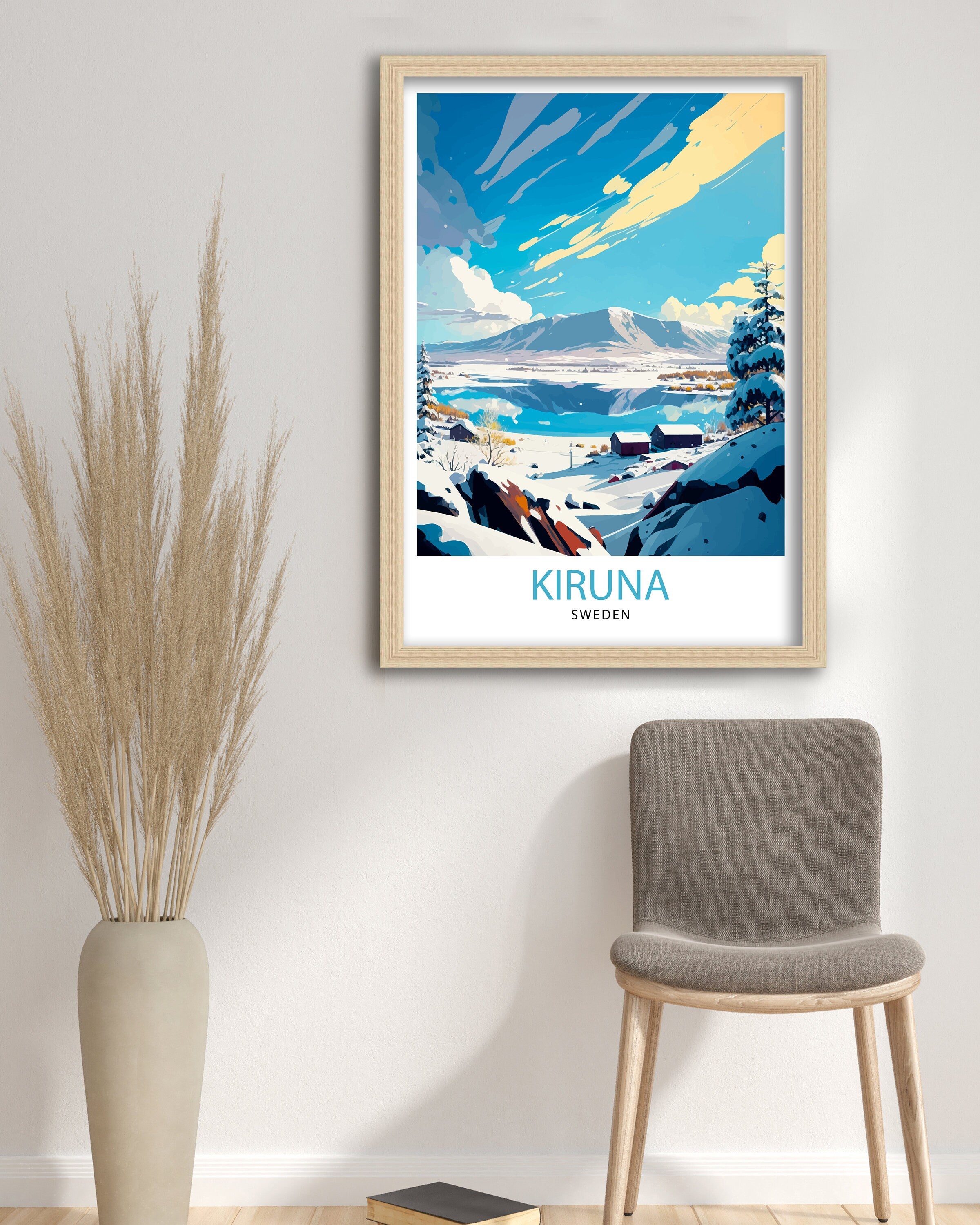 Kiruna Sweden Travel Poster, Illustrated Winter Scene