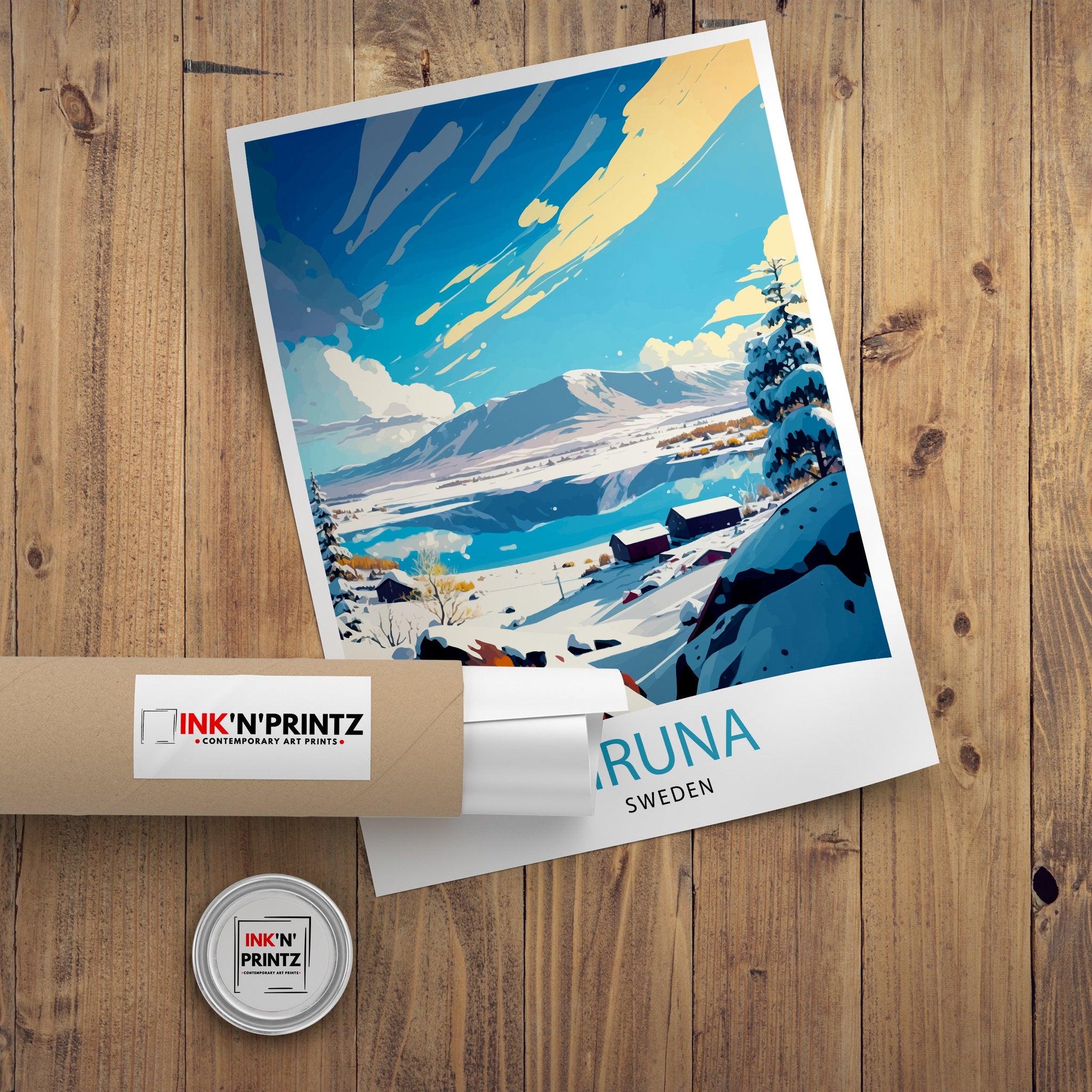 Kiruna Sweden Travel Poster, Illustrated Winter Scene