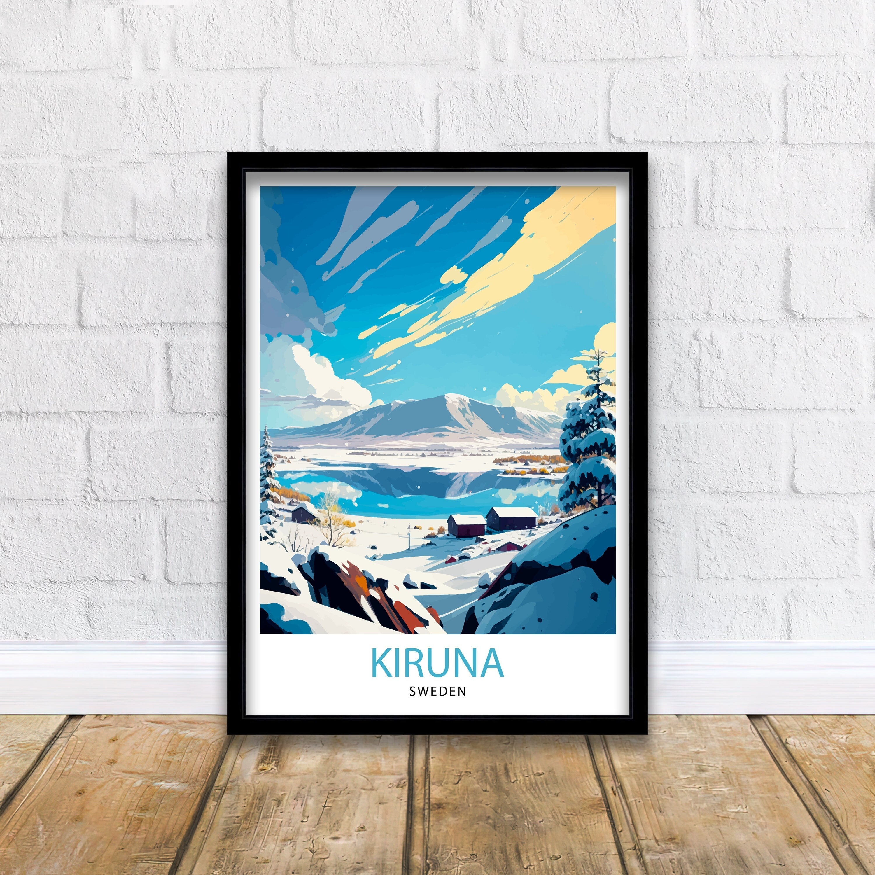 Kiruna Sweden Travel Poster, Illustrated Winter Scene