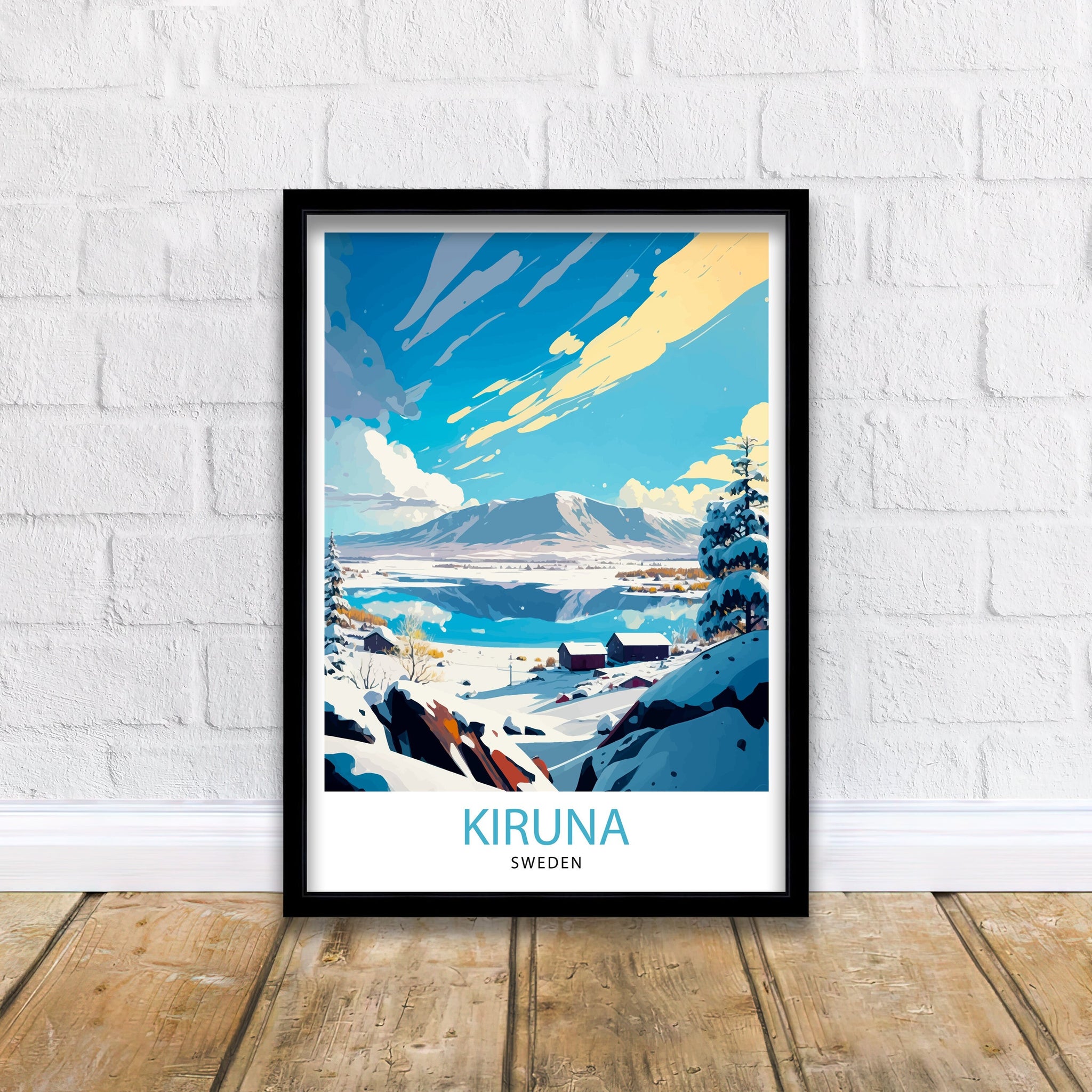 Kiruna Sweden Travel Poster, Illustrated Winter Scene