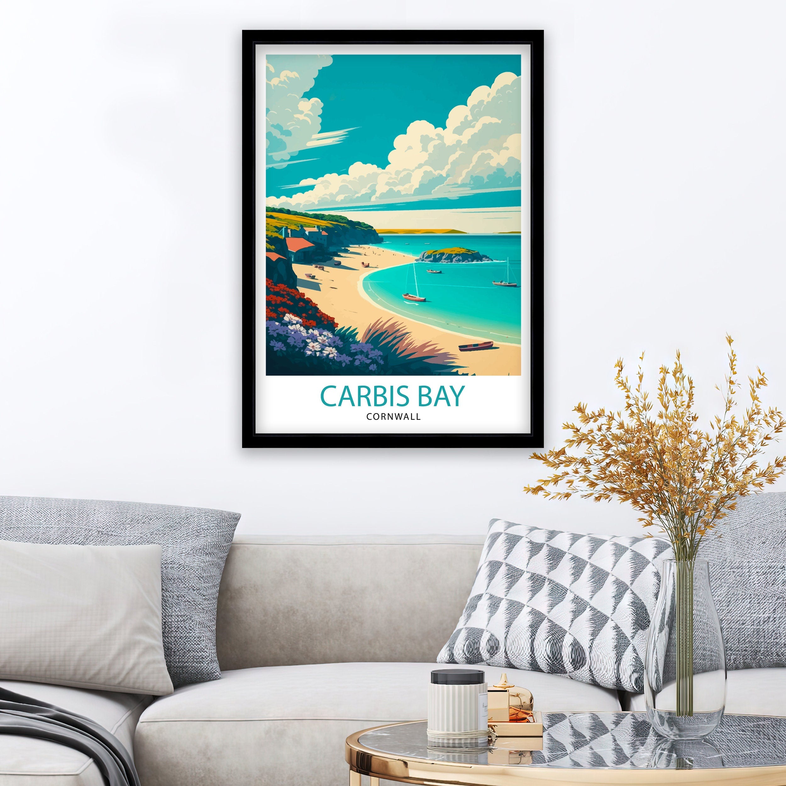 Carbis Bay Cornwall Travel Print, Coastal Illustration