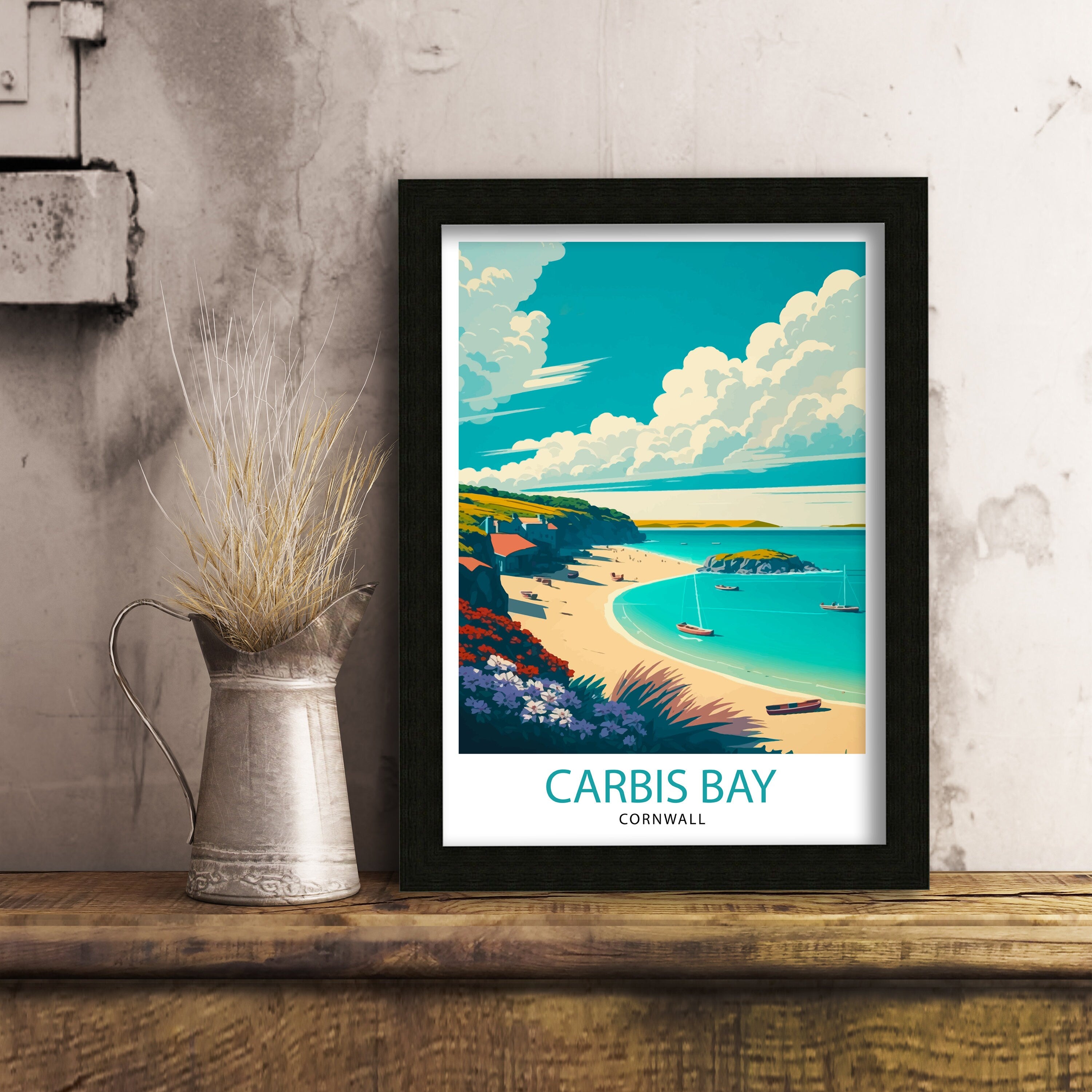 Carbis Bay Cornwall Travel Print, Coastal Illustration