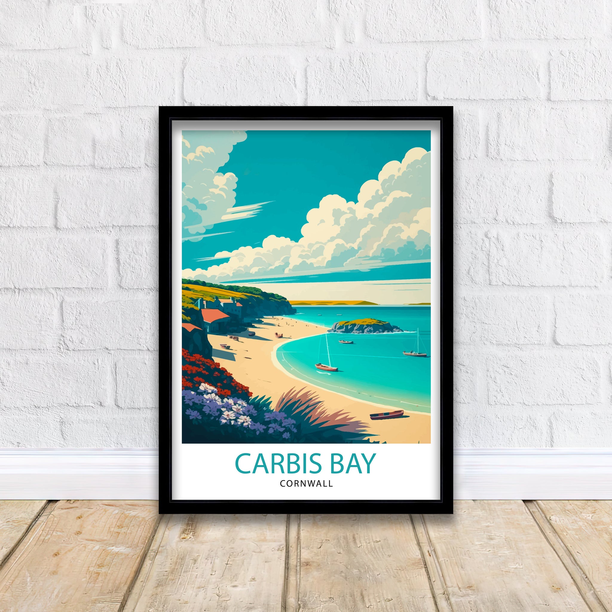 Carbis Bay Cornwall Travel Print, Coastal Illustration