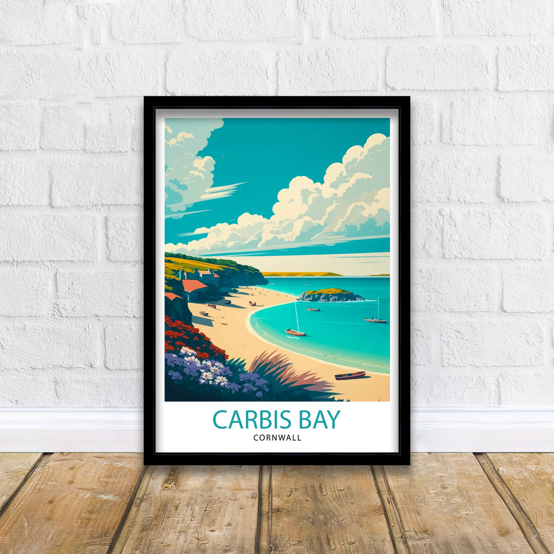 Carbis Bay Cornwall Travel Print, Coastal Illustration