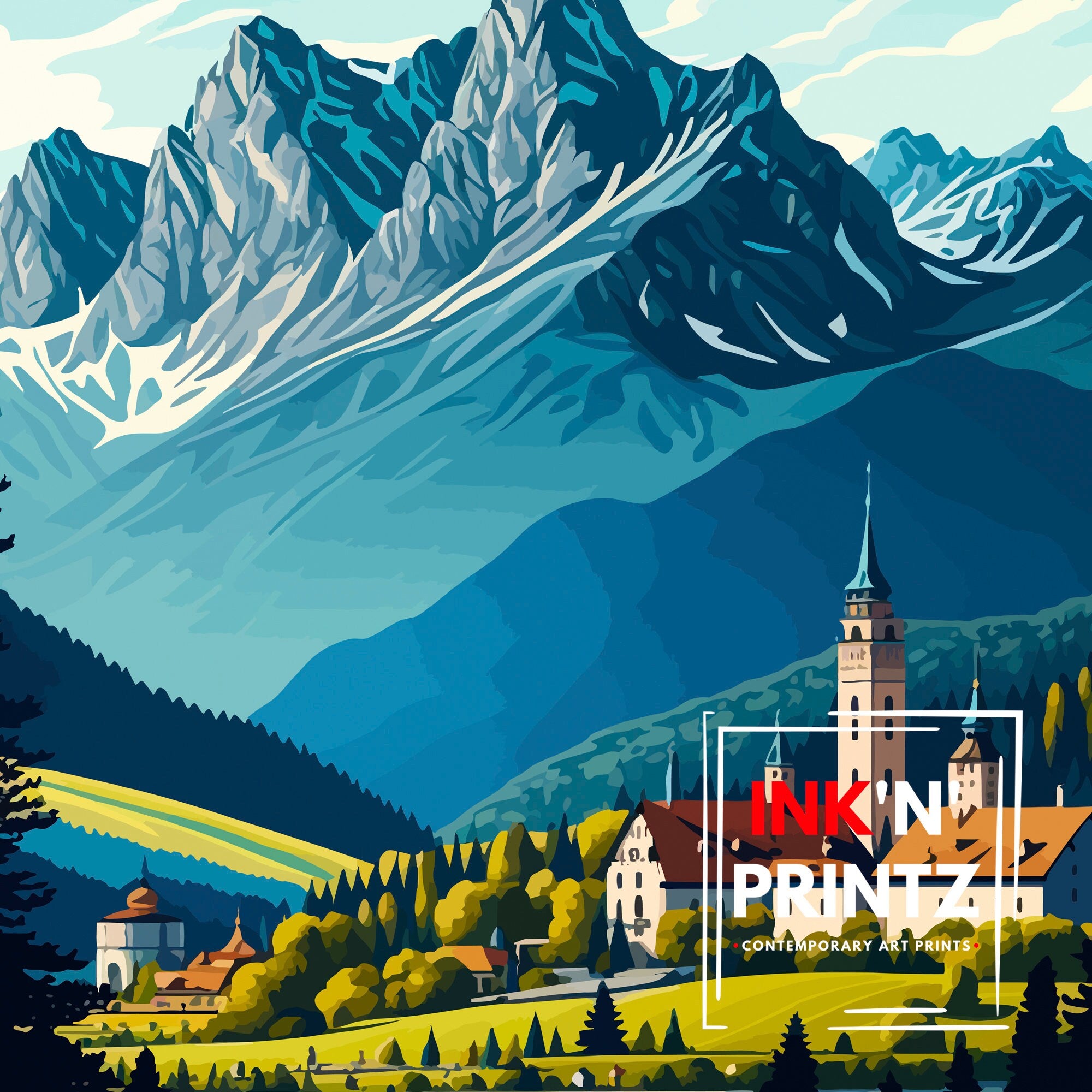 Bavarian Alps Travel Print, Germany Illustration