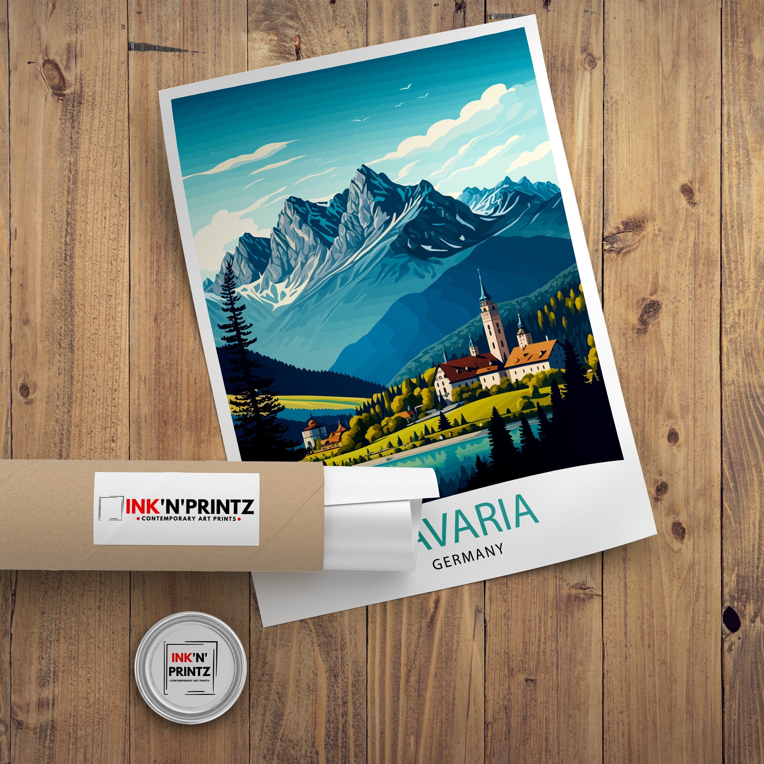 Bavarian Alps Travel Print, Germany Illustration