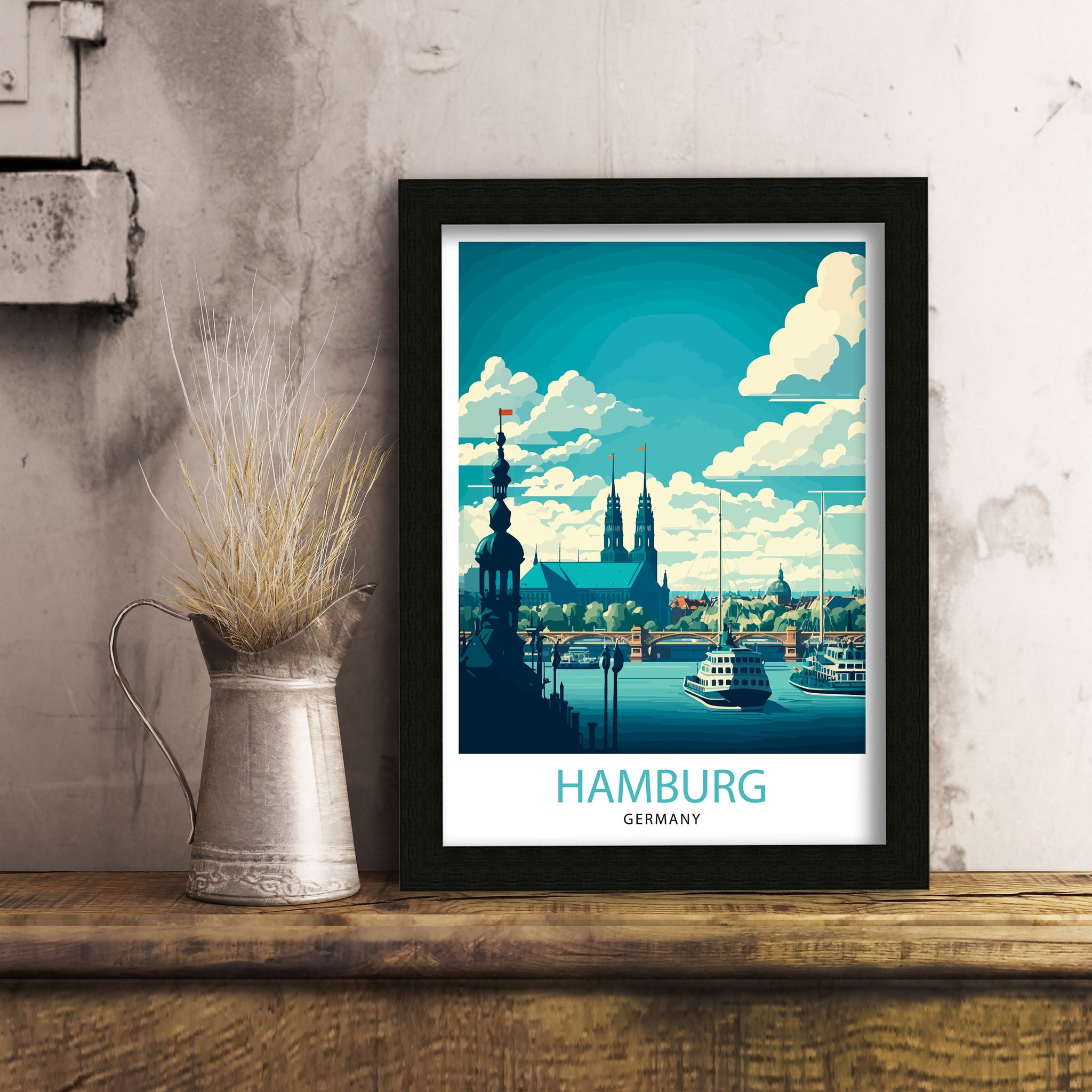 Hamburg Germany Travel Poster: Elbphilharmonie & St. Michaelis Church