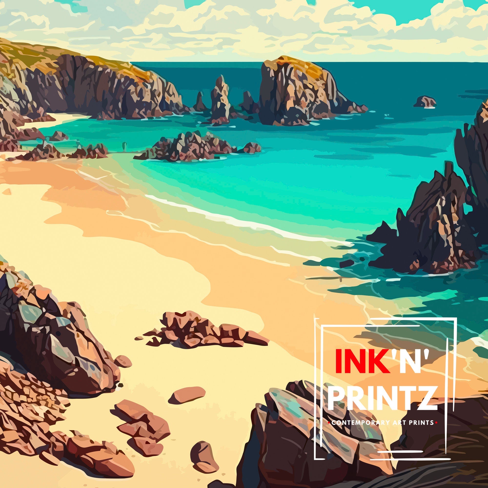 Porthcurno Beach Print, Cornwall Travel Poster