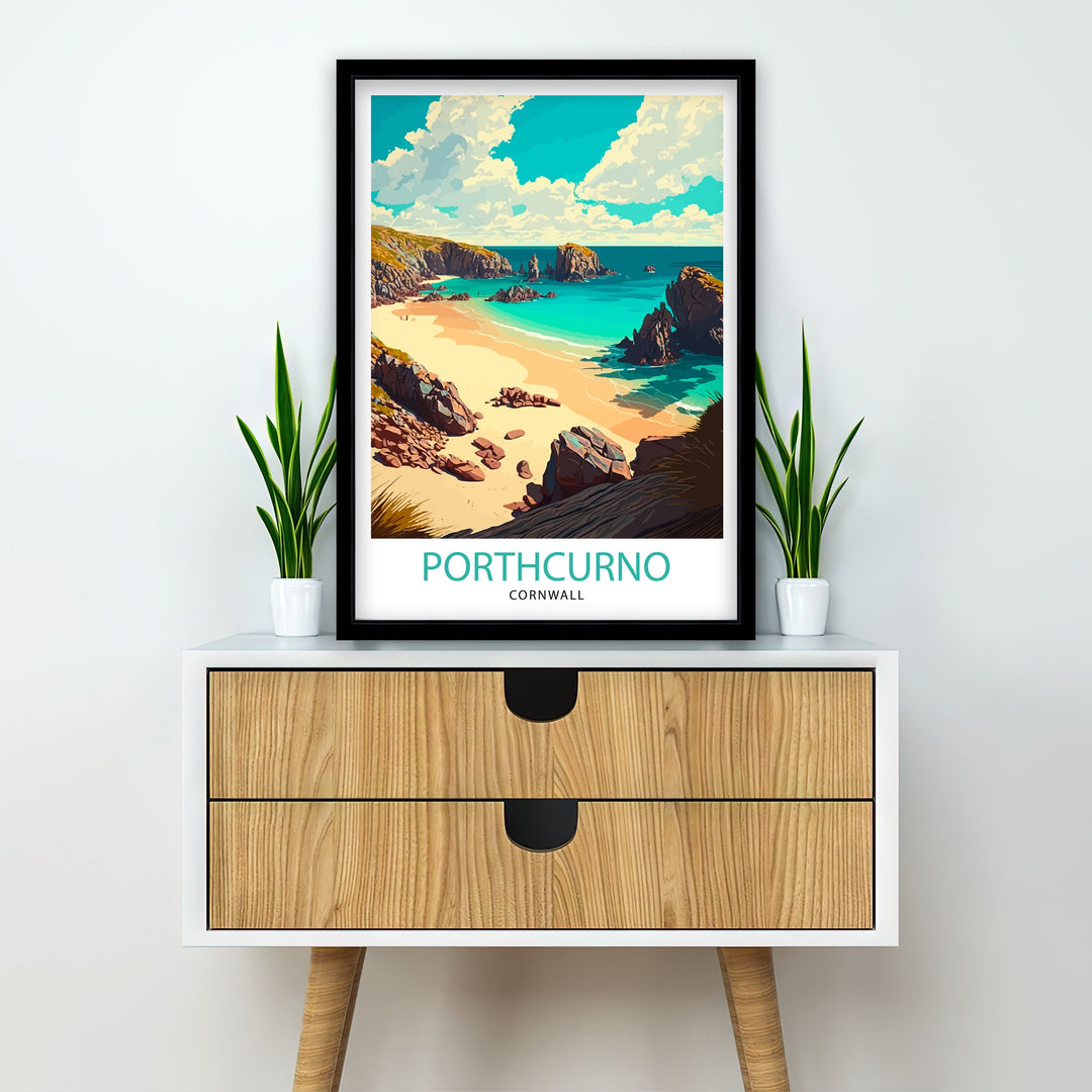 Porthcurno Cornwall Travel Poster Porthcurno Wall Art Porthcurno Beach Illustration Cornwall Travel Poster Porthcurno Home Decor