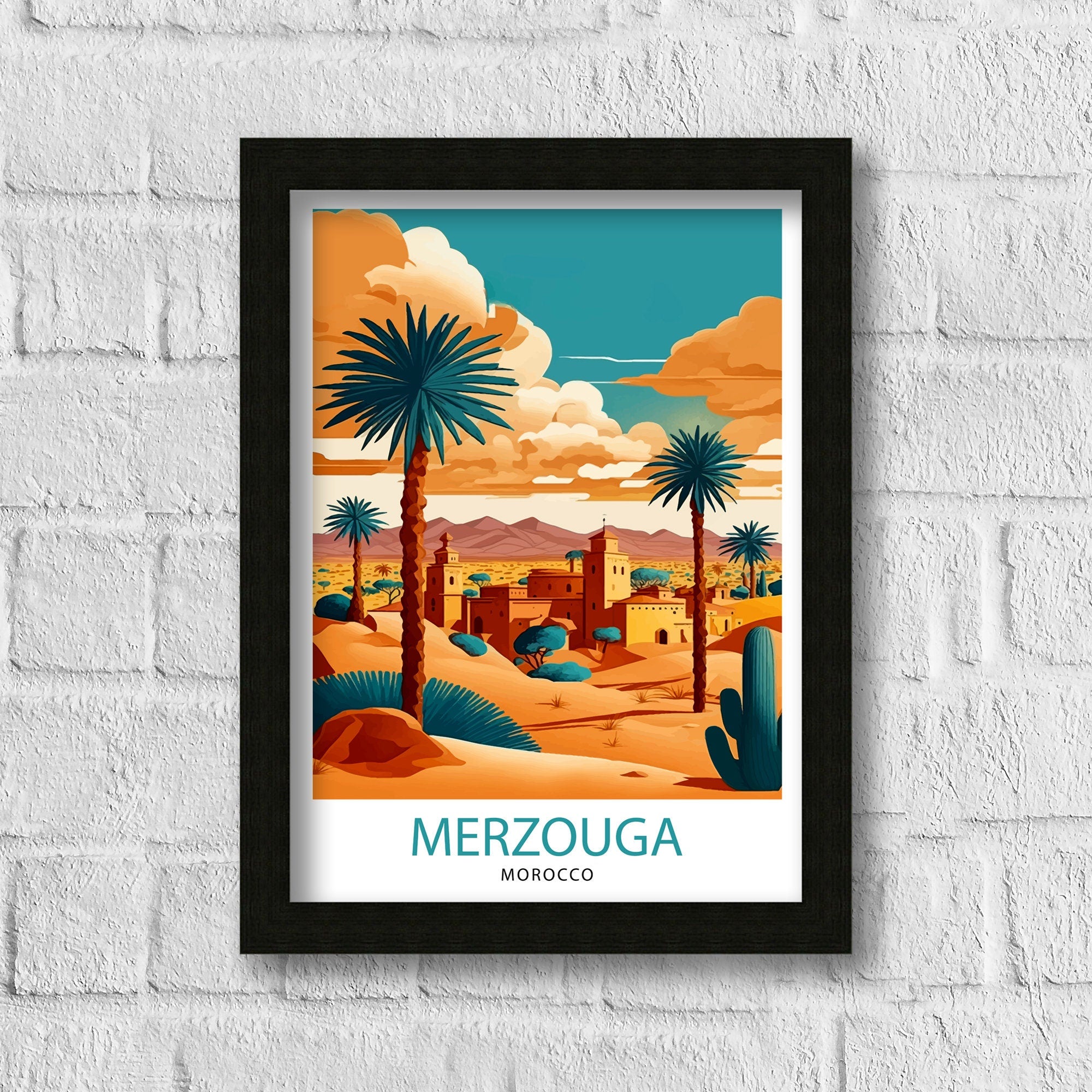 Merzouga Morocco Travel Poster: Desert Landscape Illustration