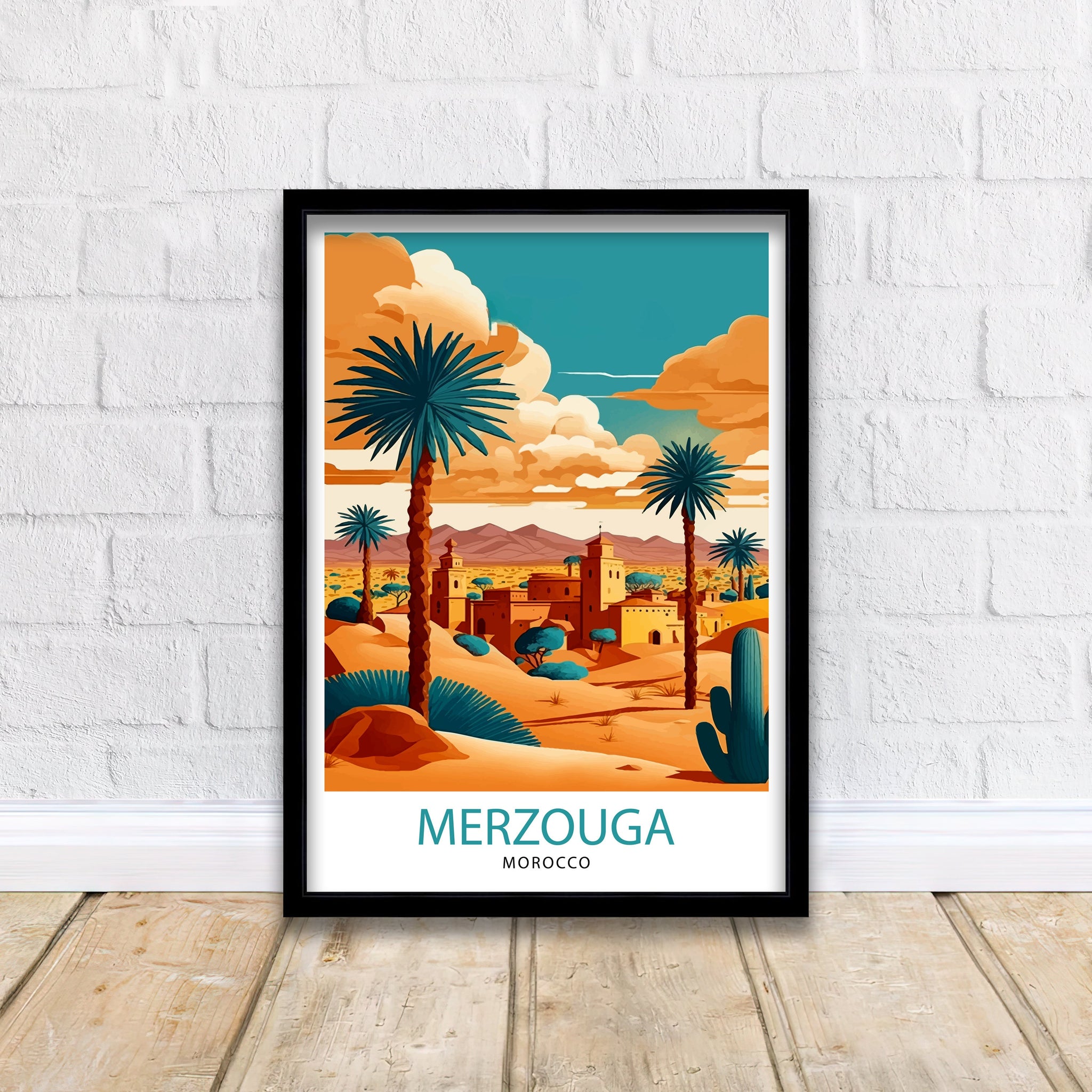 Merzouga Morocco Travel Poster: Desert Landscape Illustration