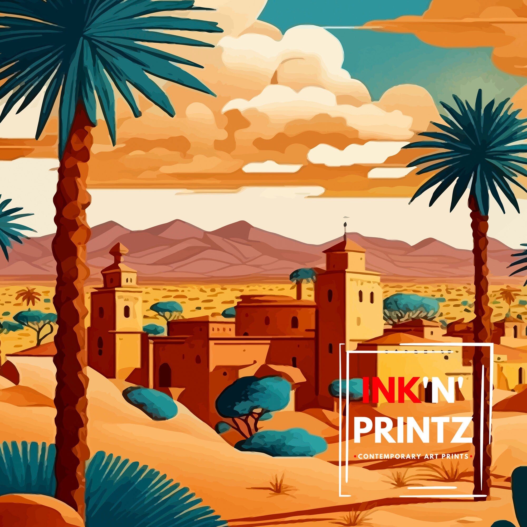 Merzouga Morocco Travel Poster: Desert Landscape Illustration