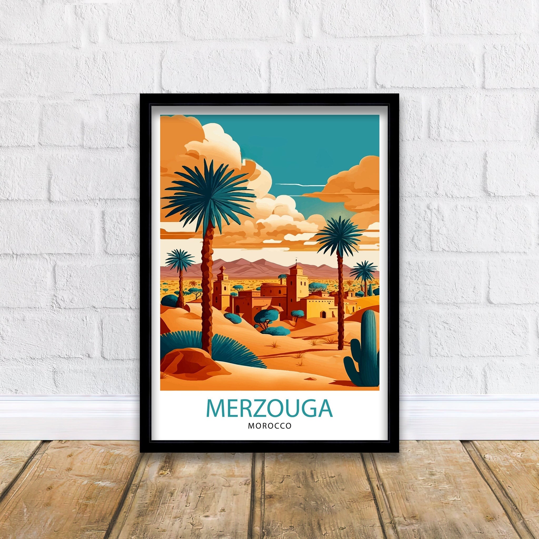 Merzouga Morocco Travel Poster: Desert Landscape Illustration