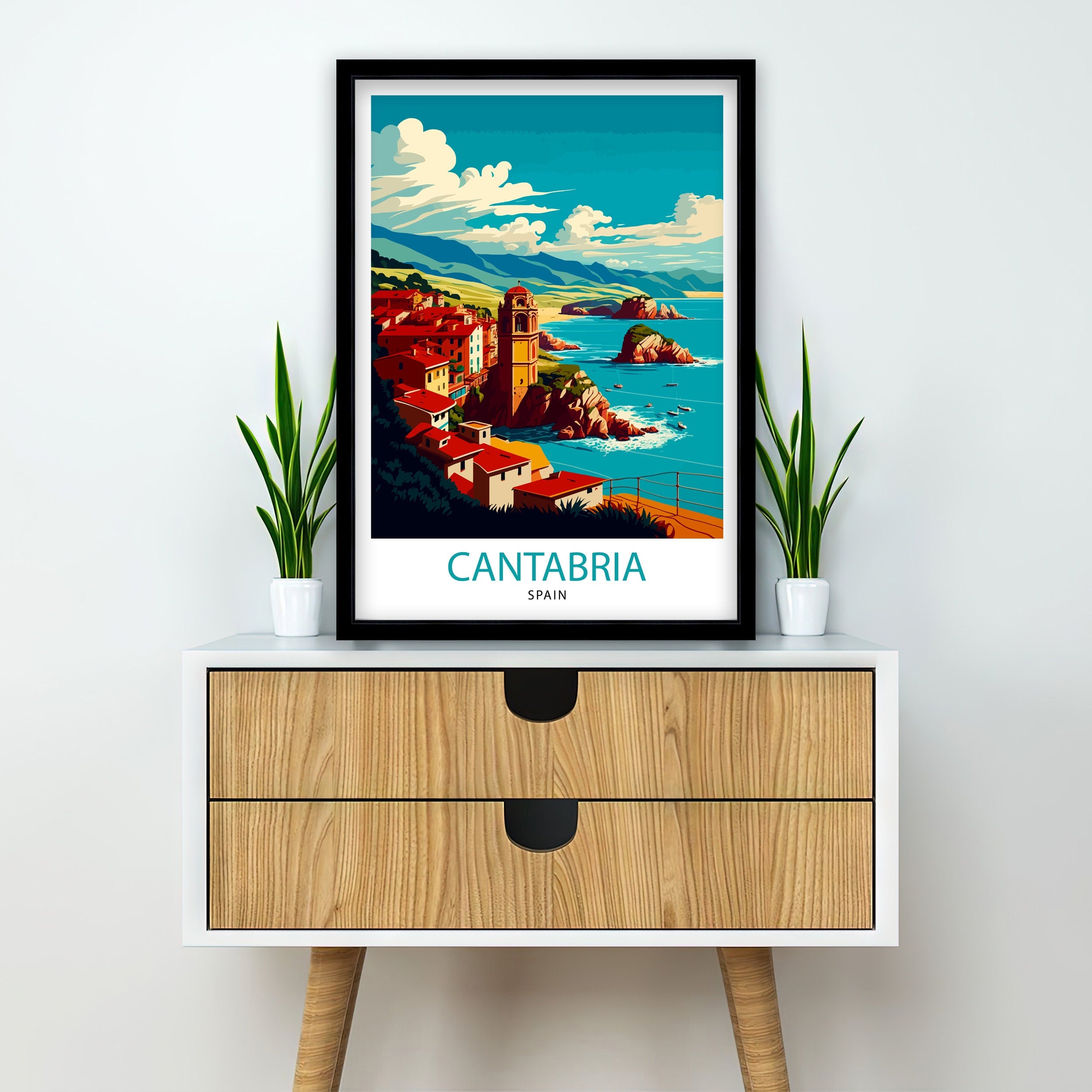 Cantabria Spain Travel Poster, Coastal Illustration Art Print