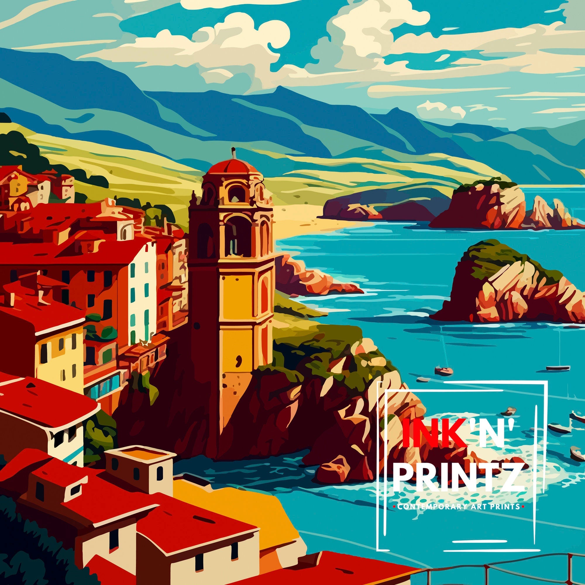 Cantabria Spain Travel Poster, Coastal Illustration Art Print