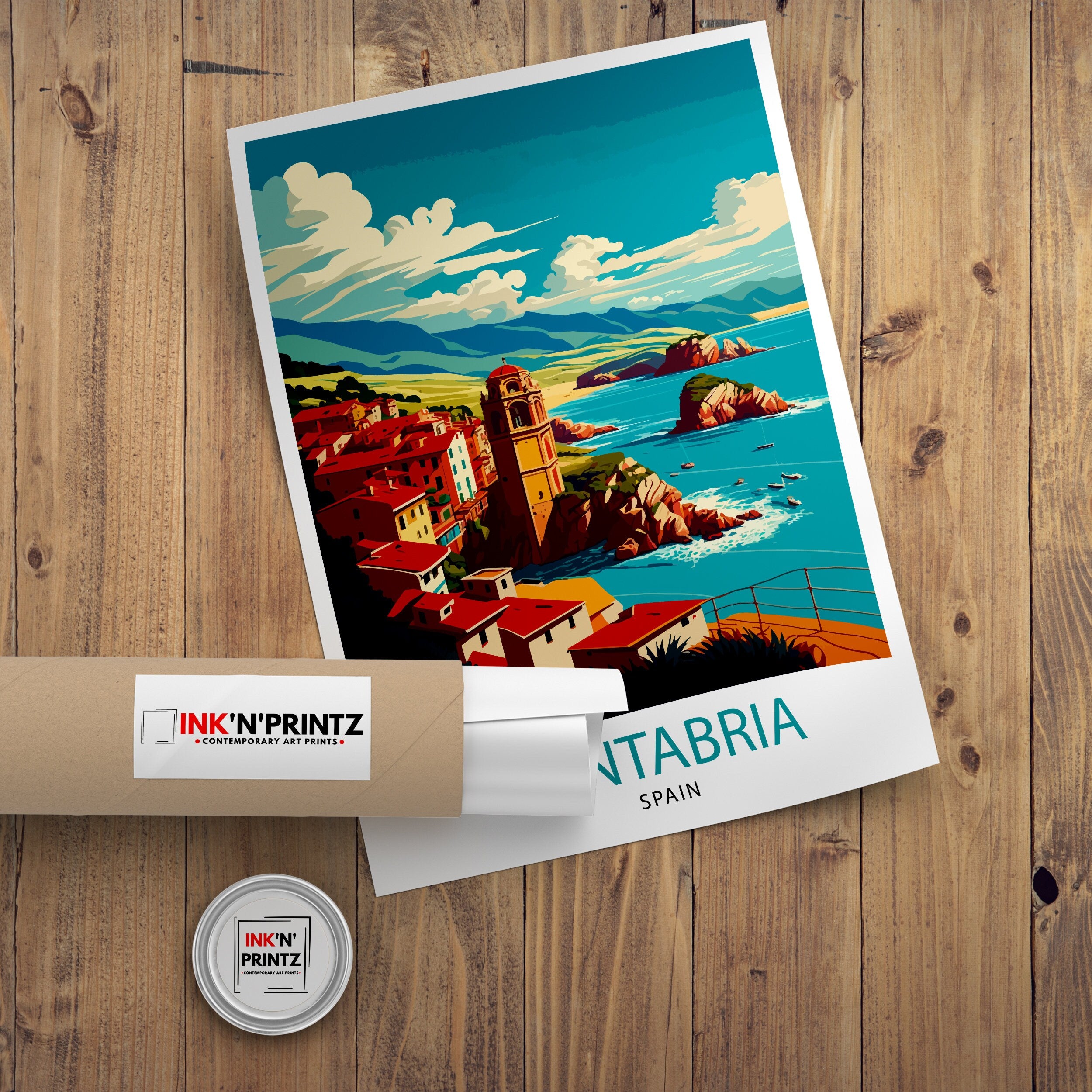 Cantabria Spain Travel Poster, Coastal Illustration Art Print