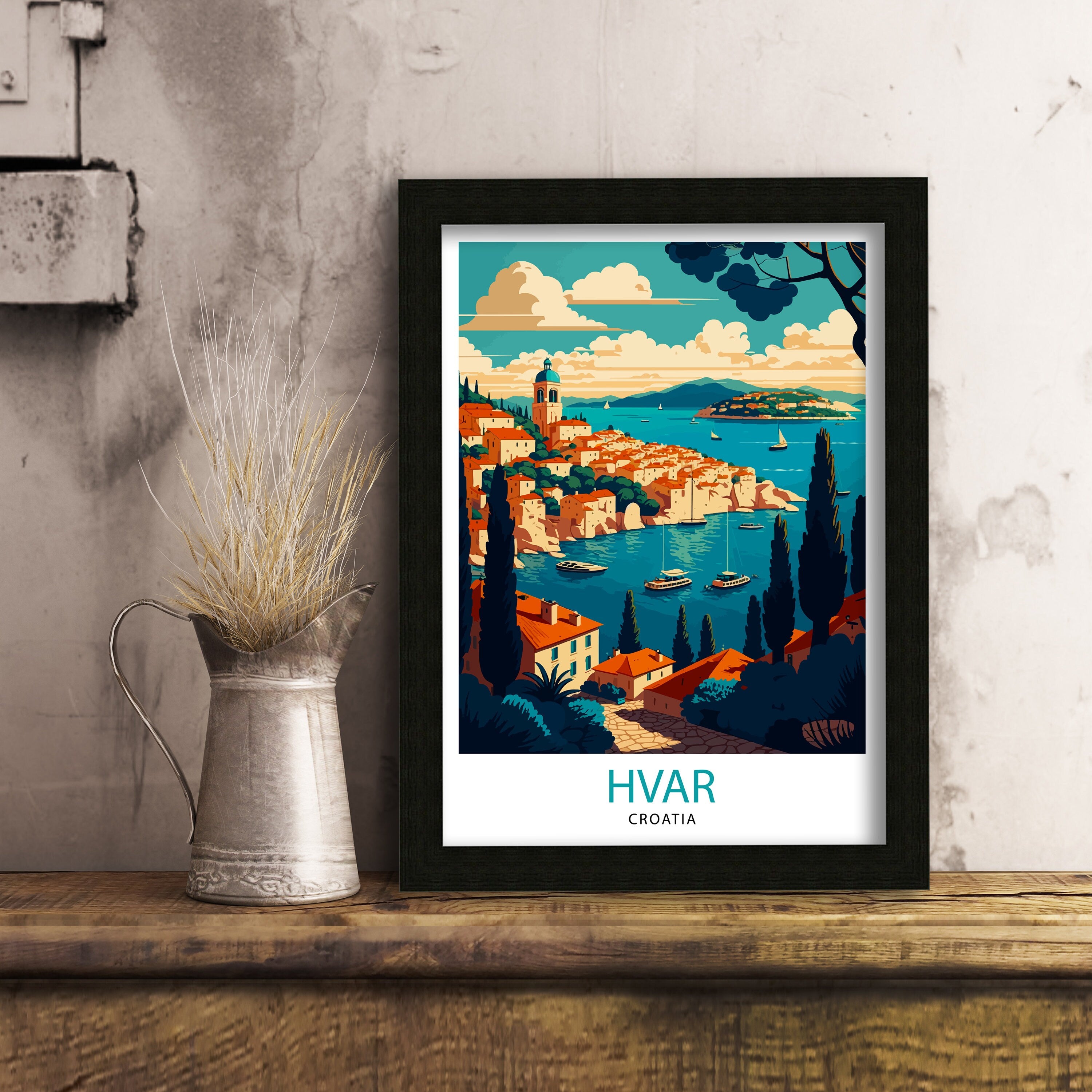 Hvar Croatia Illustration Print, Coastal Travel Poster