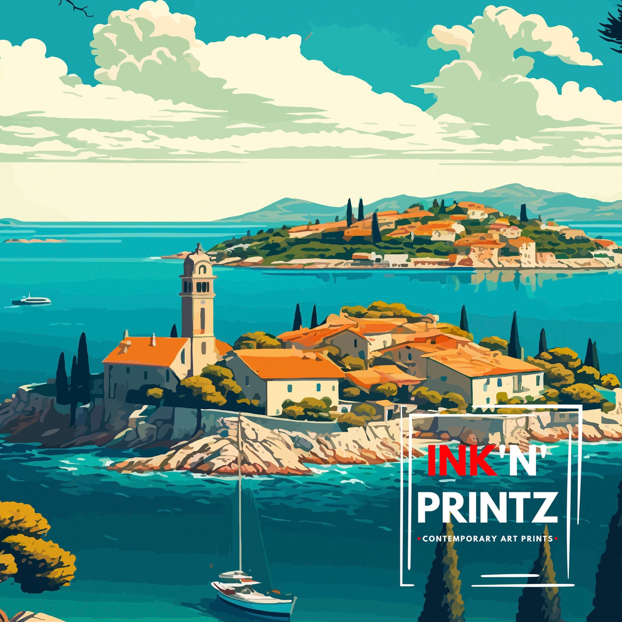 Rab Island Croatia Travel Poster, Coastal Illustration Art Print