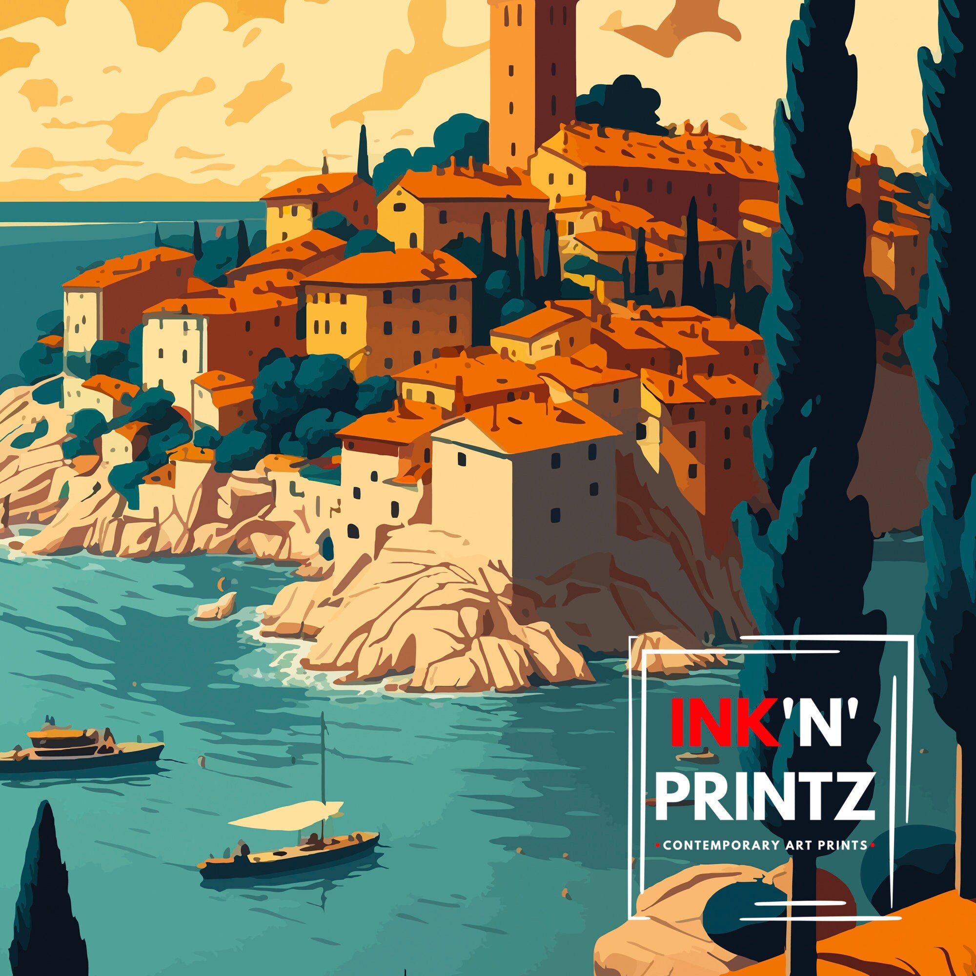Rovinj Croatia Art Print, Mediterranean Coastal Illustration