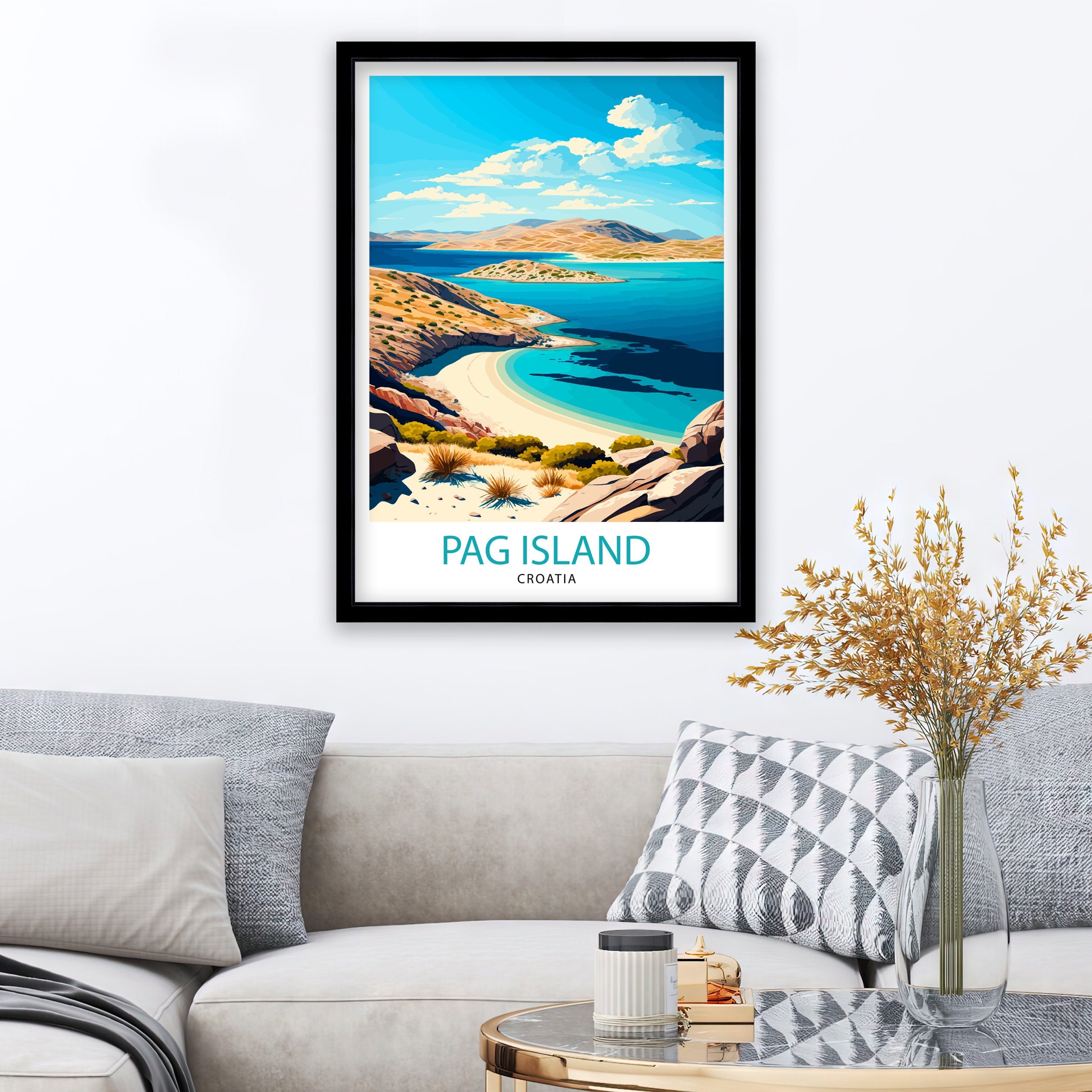 Pag Island Croatia Travel Print, Coastal Illustration