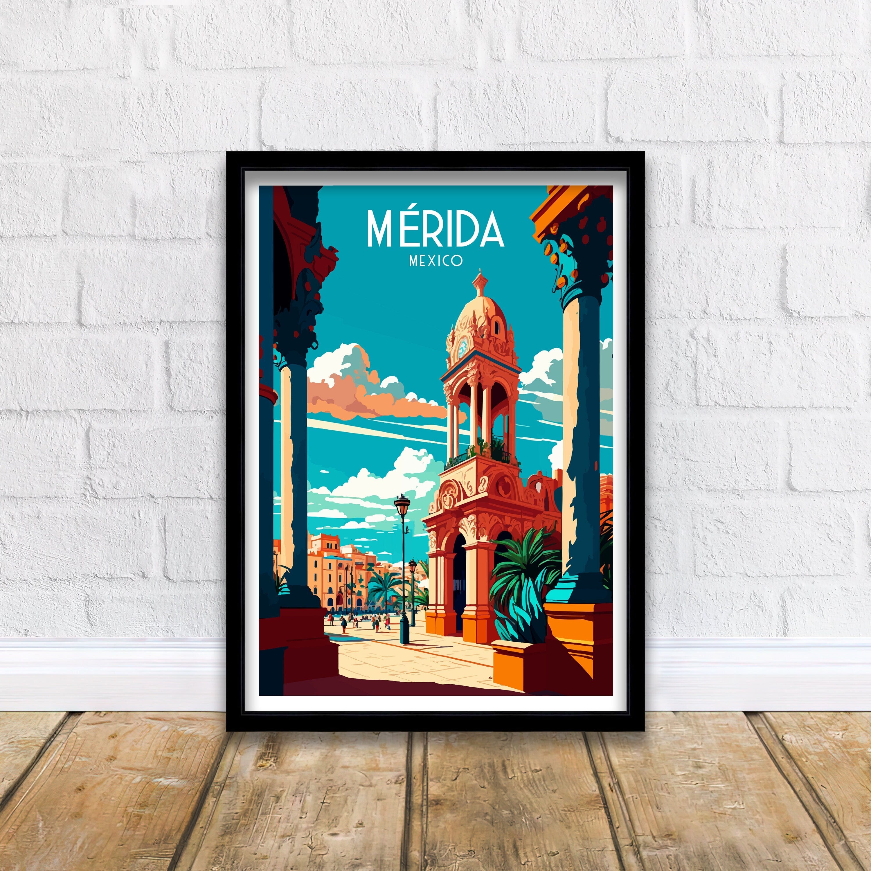 Merida Mexico Travel Poster, Vibrant City Illustration Print