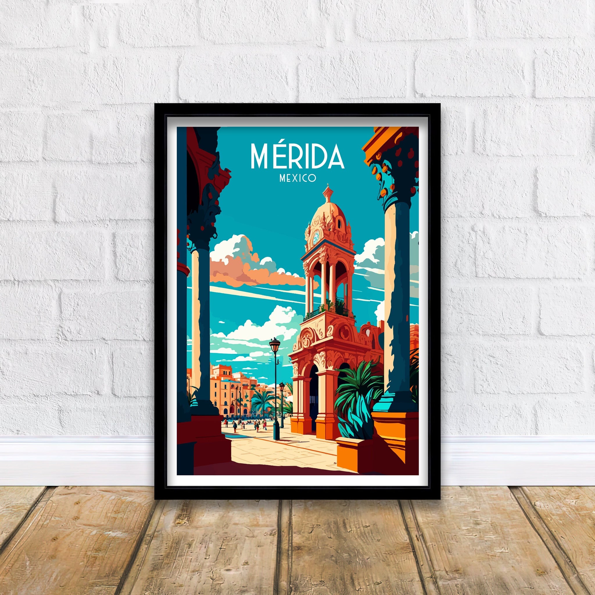 Merida Mexico Travel Poster, Vibrant City Illustration Print