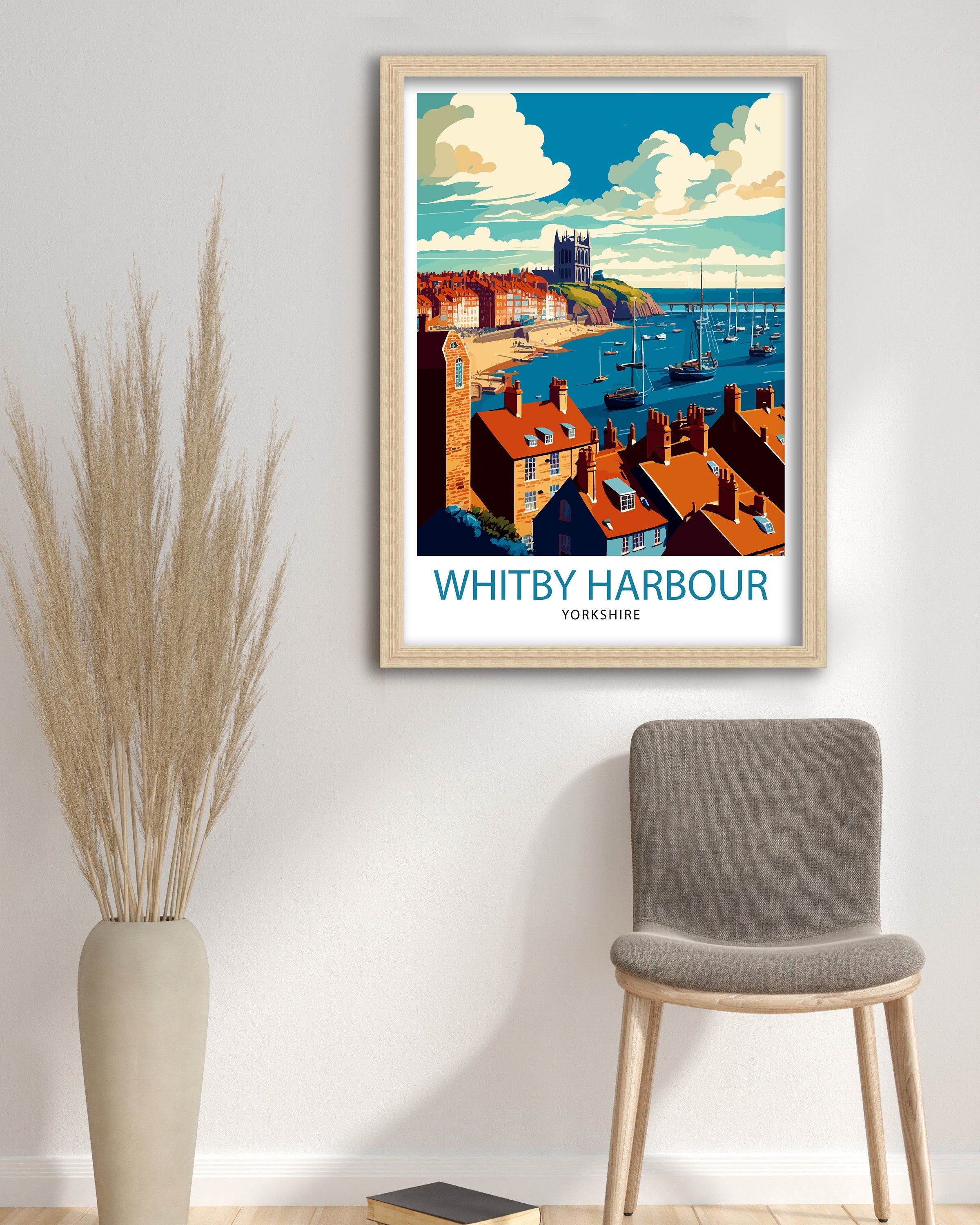 Whitby Harbour Illustration Print, Coastal UK Travel Poster