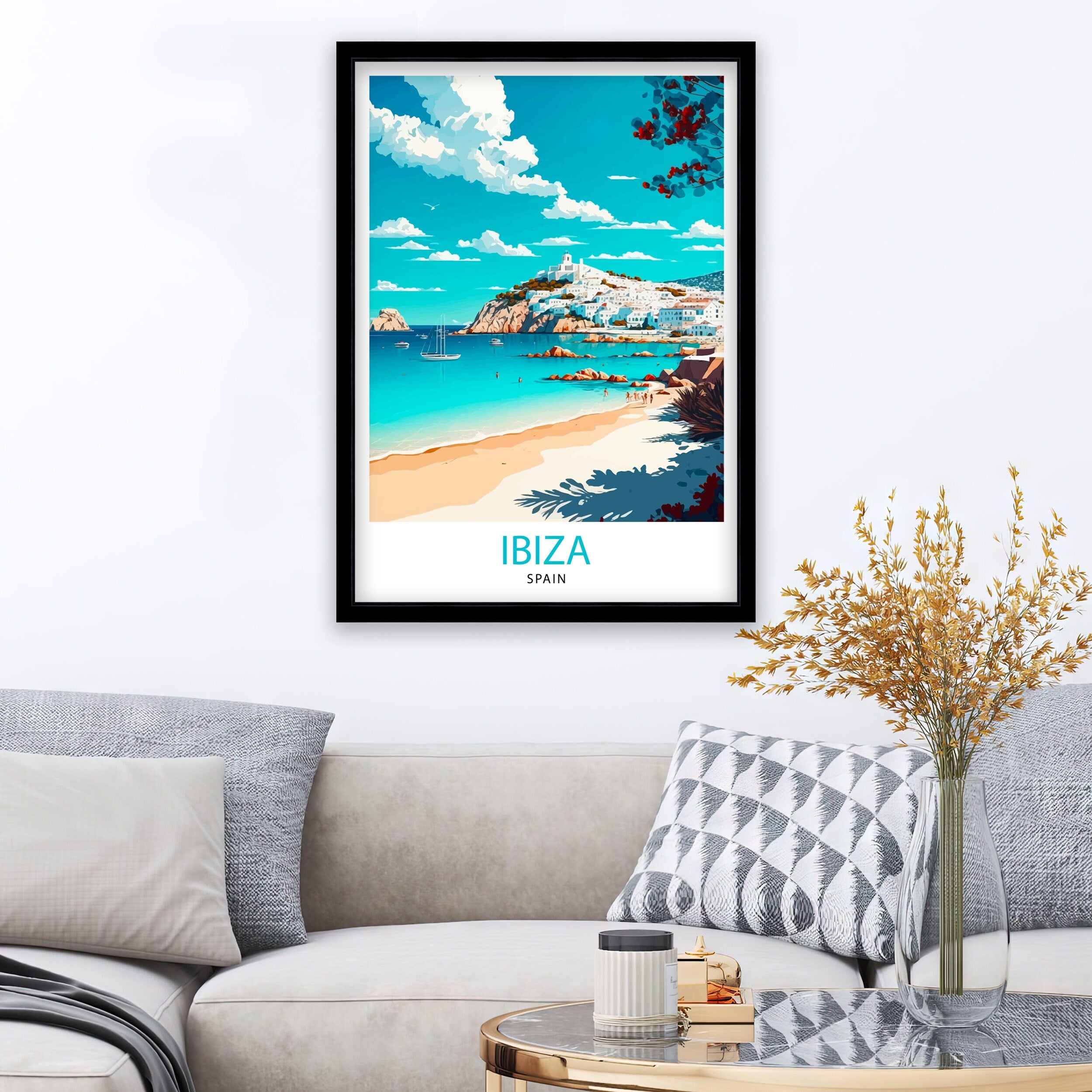 Ibiza Coastline Travel Poster, Spanish Island Wall Art