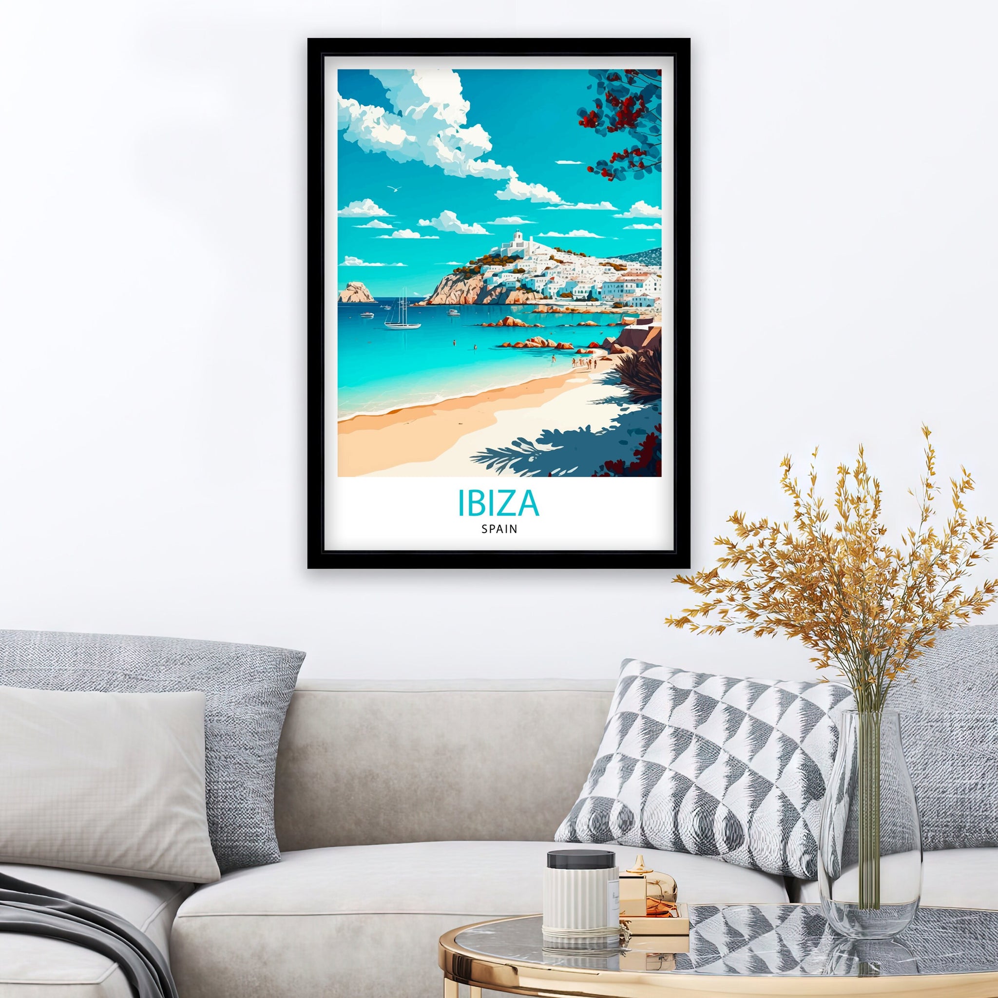 Ibiza Coastline Travel Poster, Spanish Island Wall Art