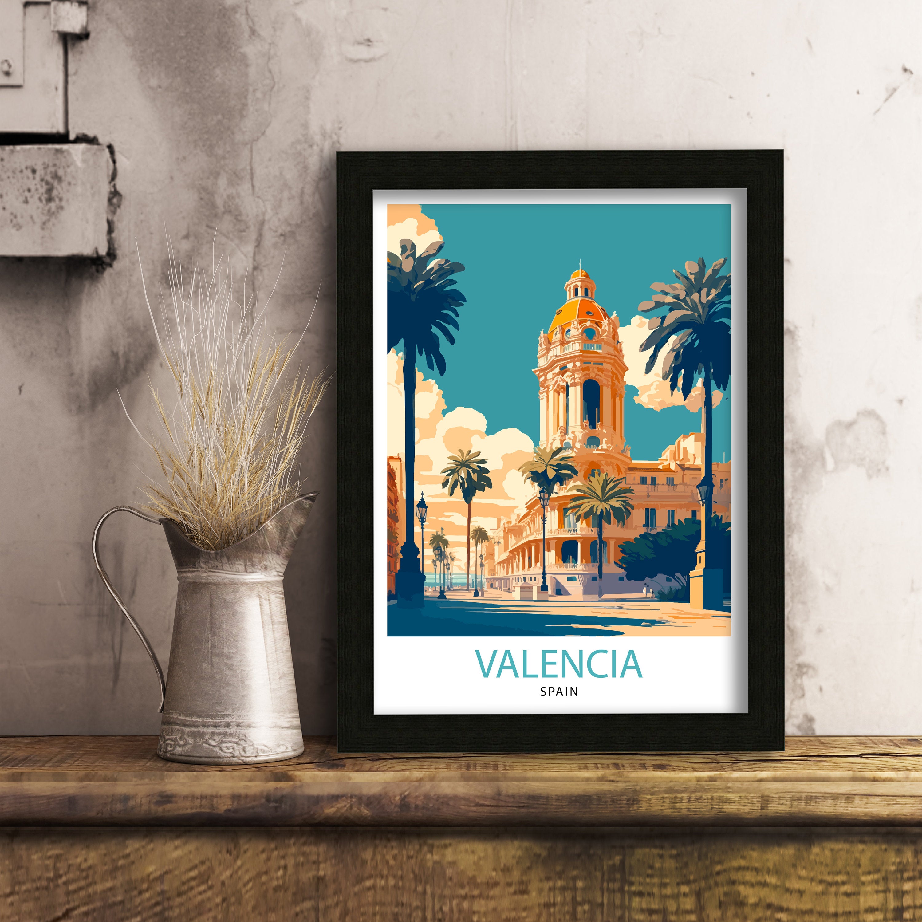 Valencia Spain Travel Poster, Vibrant City Illustration