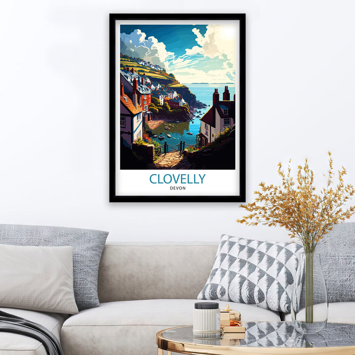 Clovelly Devon Travel Poster Clovelly Wall Art Devon Coastal Town Illustration Travel Poster Gift Devon Home Decor