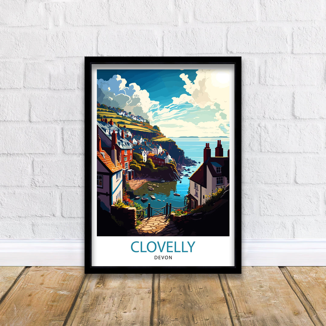 Clovelly Devon Travel Poster Clovelly Wall Art Devon Coastal Town Illustration Travel Poster Gift Devon Home Decor