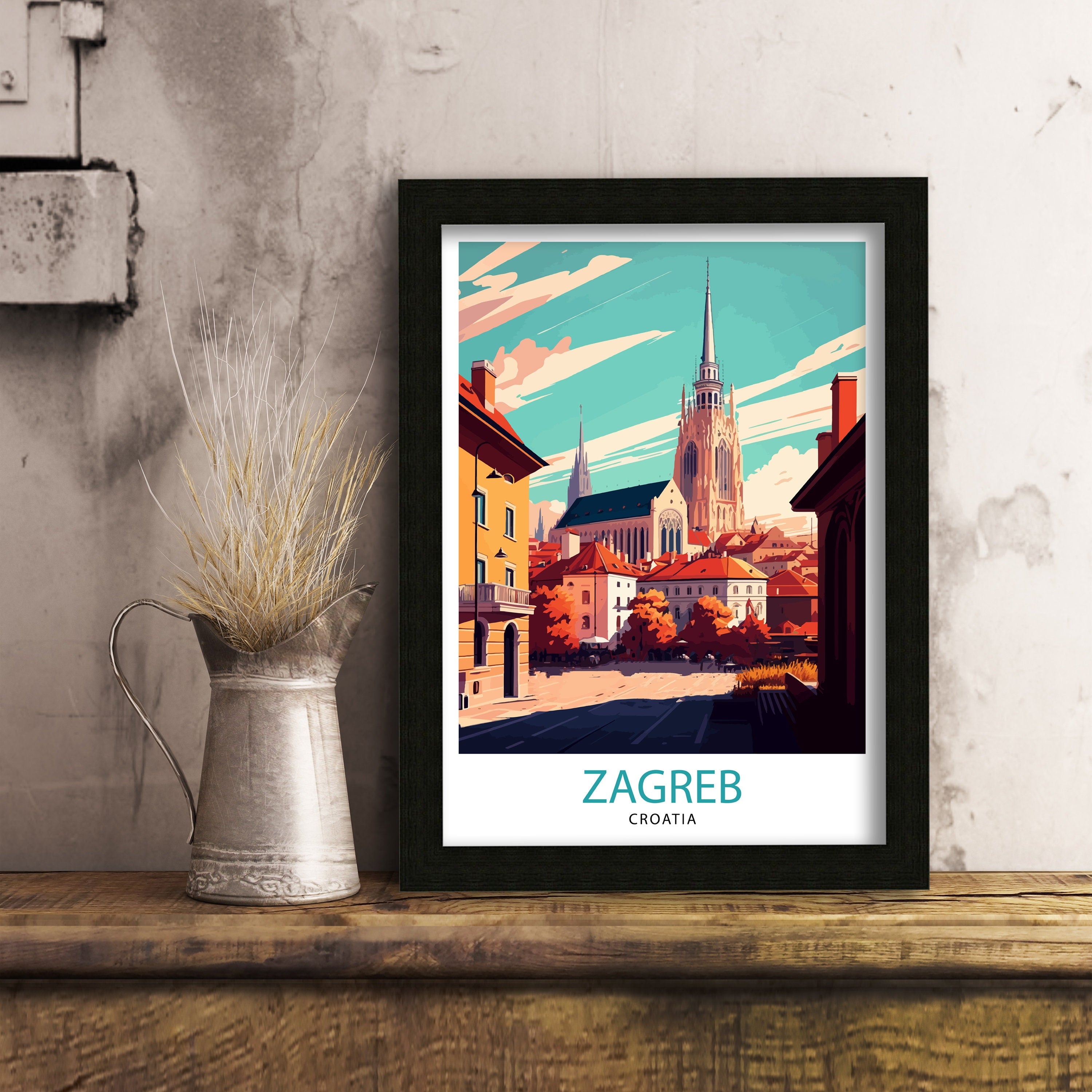 Zagreb Croatia Travel Poster, Illustrated City View