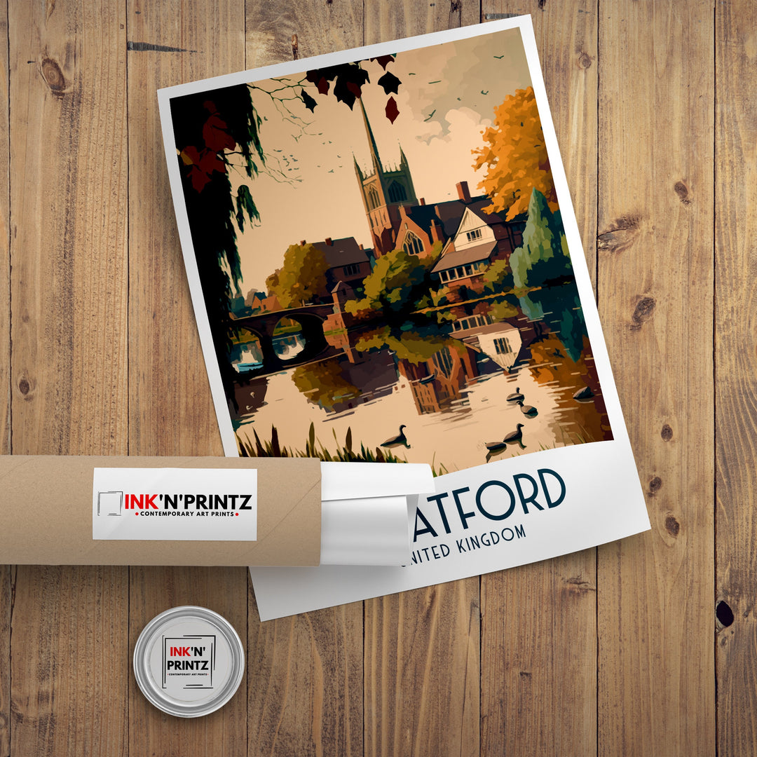 Stratford Travel Poster Stratford Wall Art Shakespeare's Birthplace England Illustration Travel Poster Gift England Home Decor