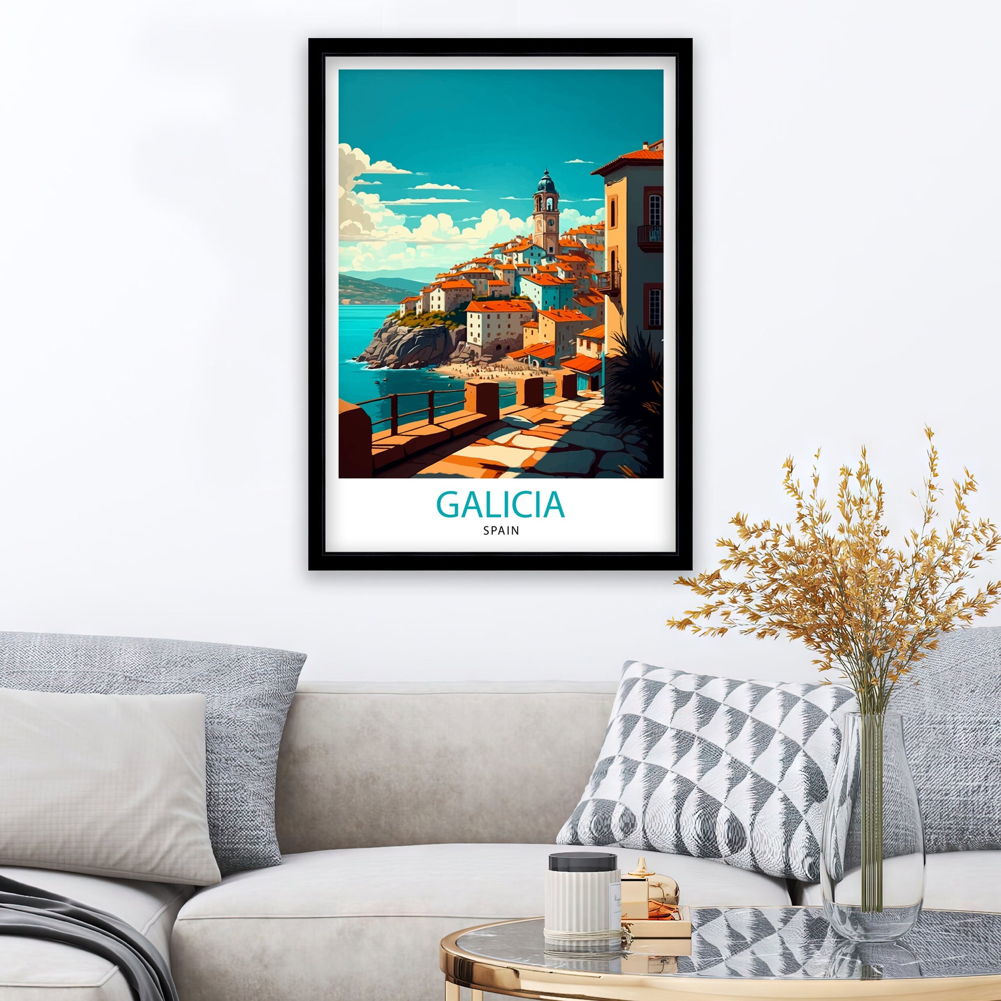 Galicia Spain Travel Poster, Coastal Village Illustration