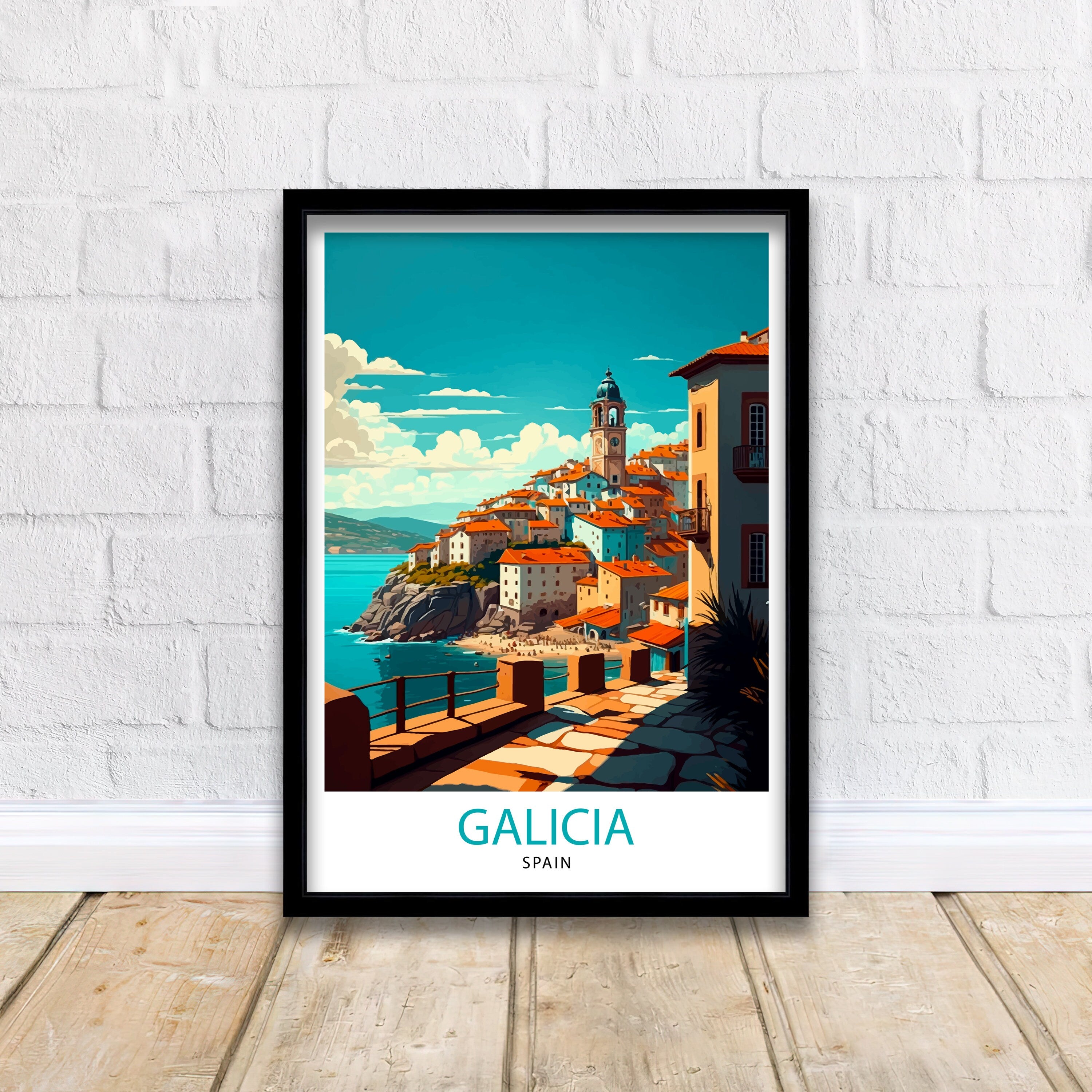 Galicia Spain Travel Poster, Coastal Village Illustration