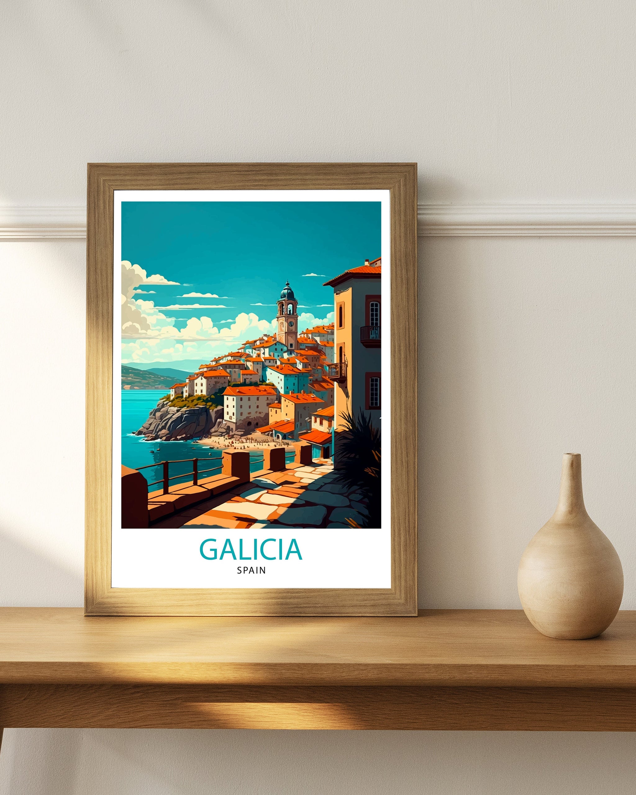 Galicia Spain Travel Poster, Coastal Village Illustration