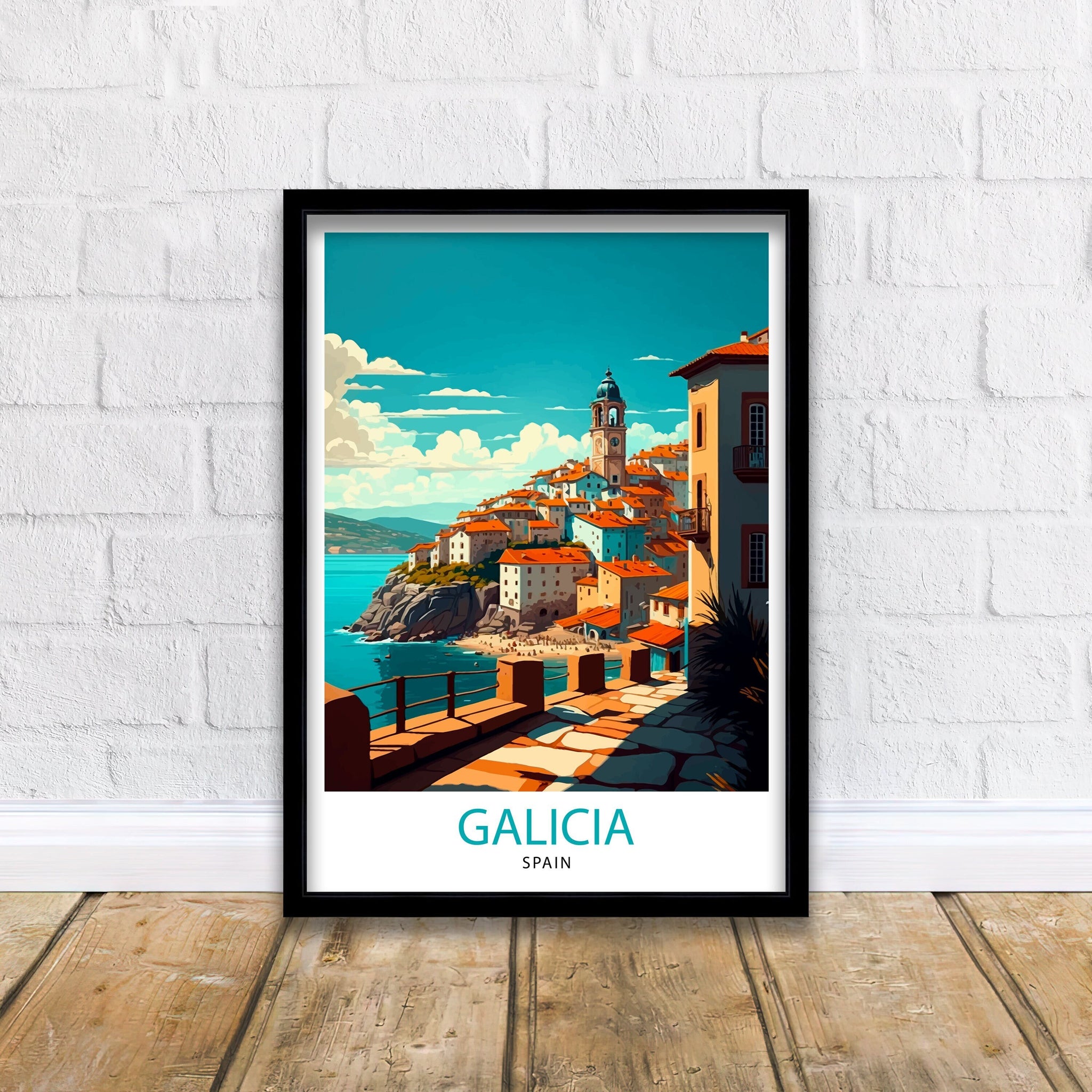 Galicia Spain Travel Poster, Coastal Village Illustration
