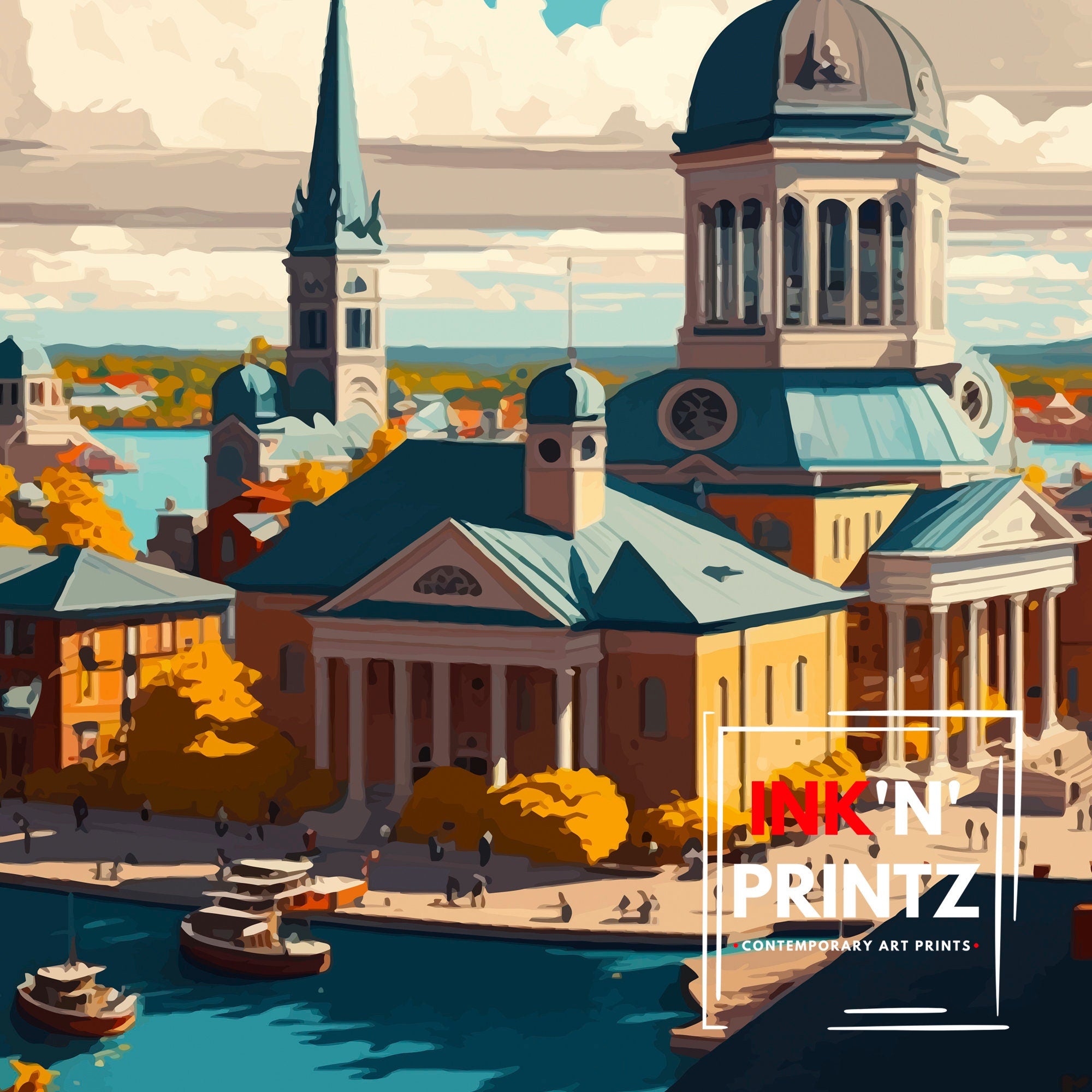Kingston Canada Travel Poster: Landmark Illustration Art Print