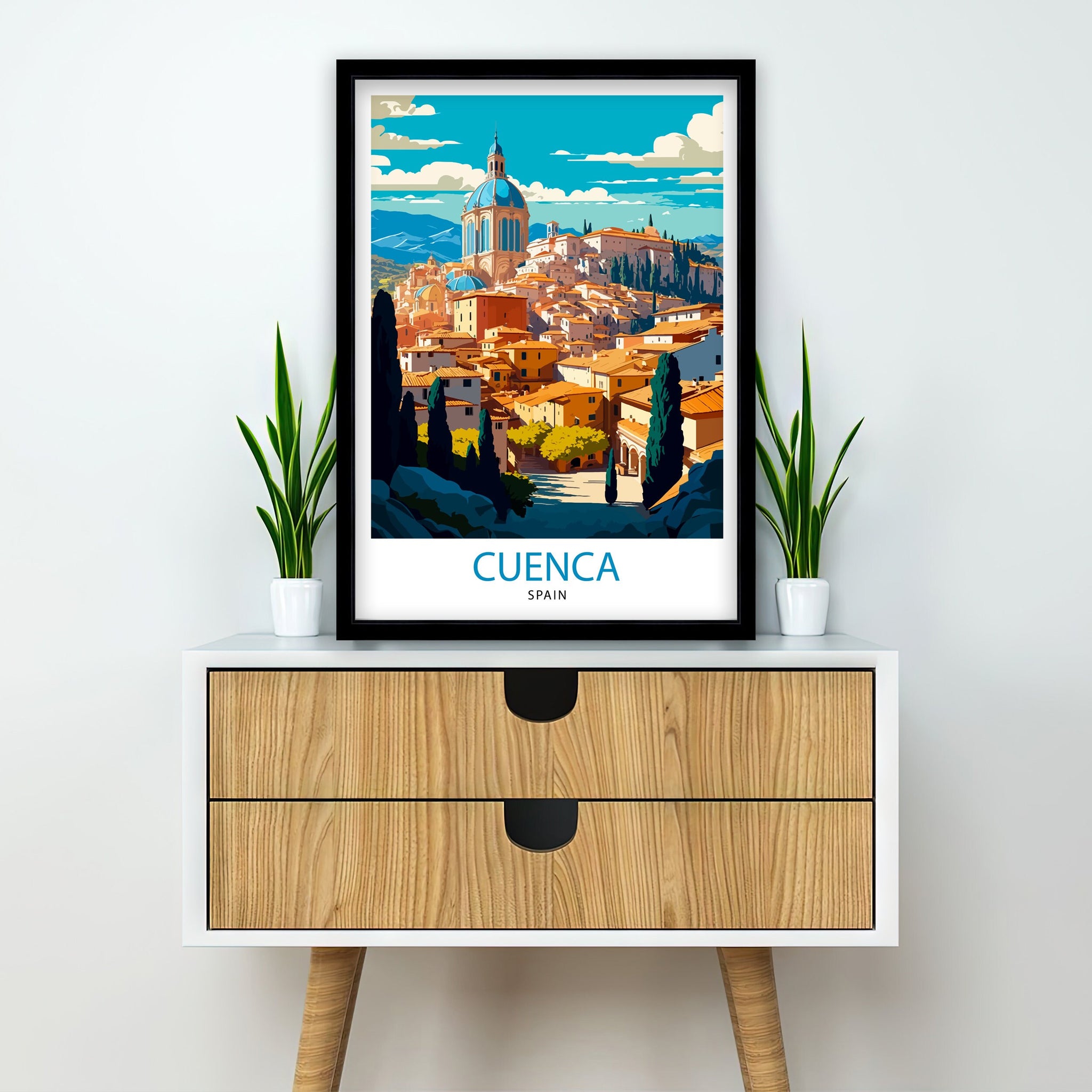 Cuenca Spain Travel Poster, Hanging Houses Illustration