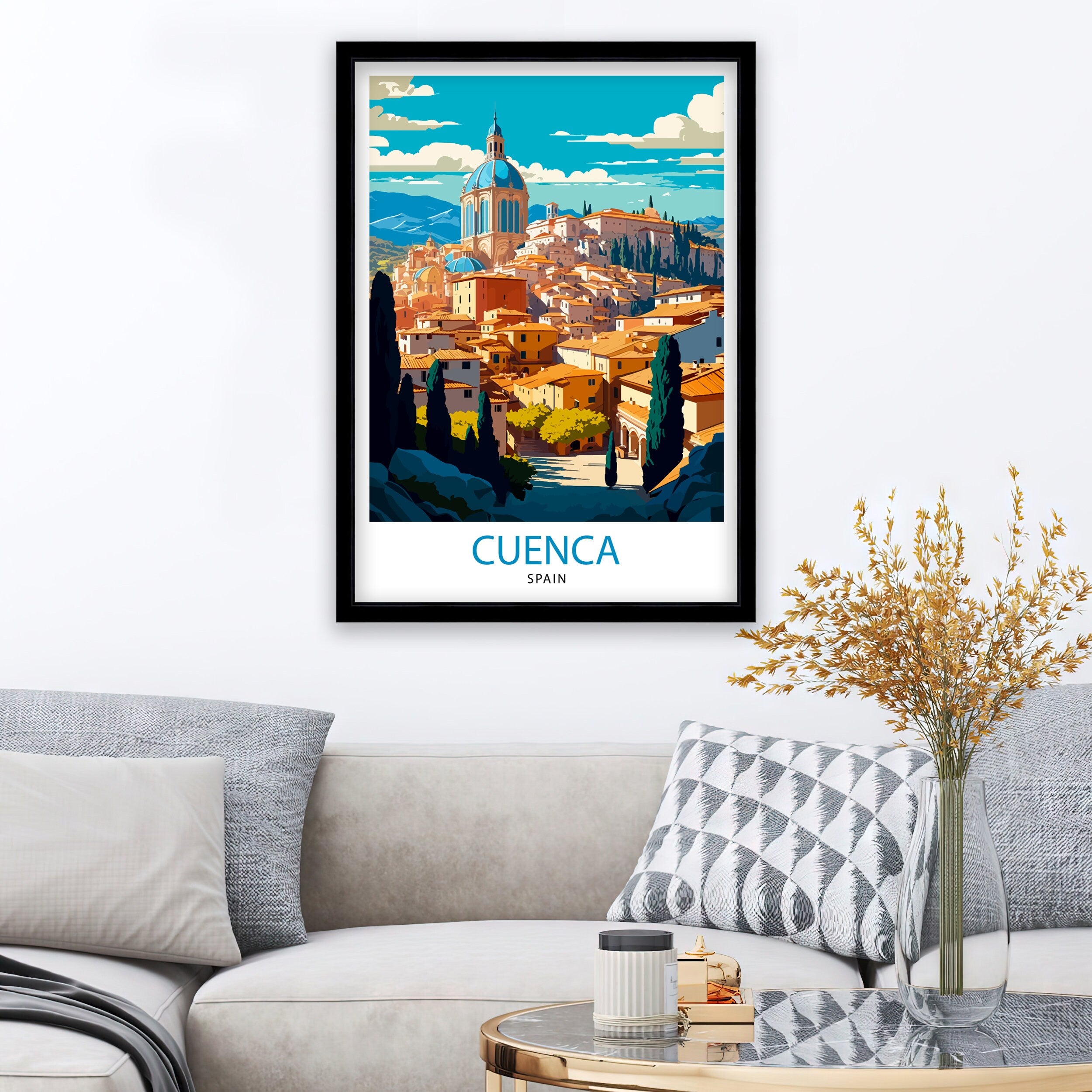 Cuenca Spain Travel Poster, Hanging Houses Illustration