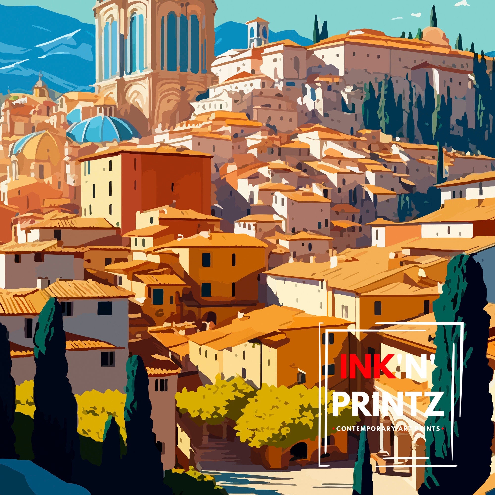 Cuenca Spain Travel Poster, Hanging Houses Illustration
