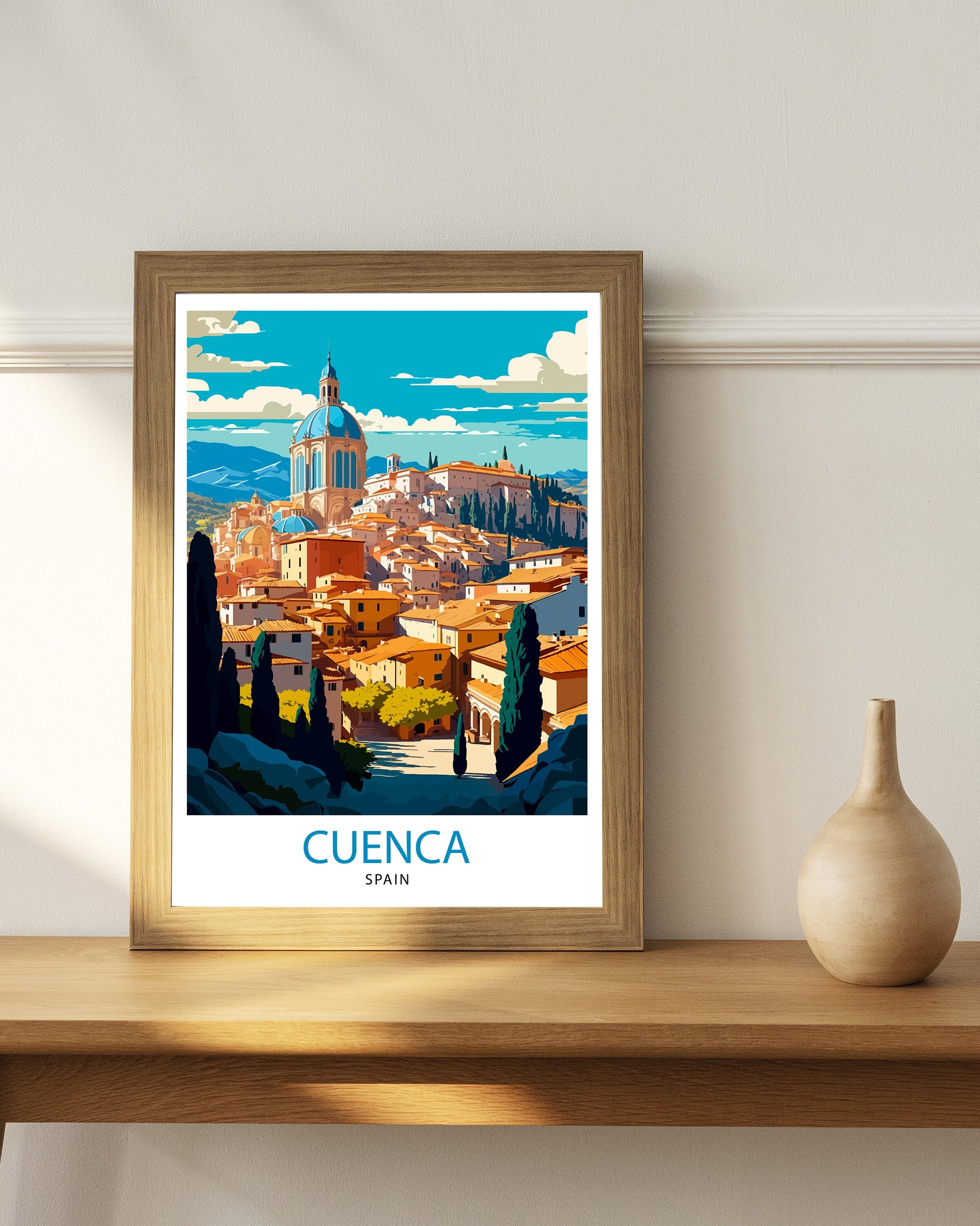 Cuenca Spain Travel Poster, Hanging Houses Illustration