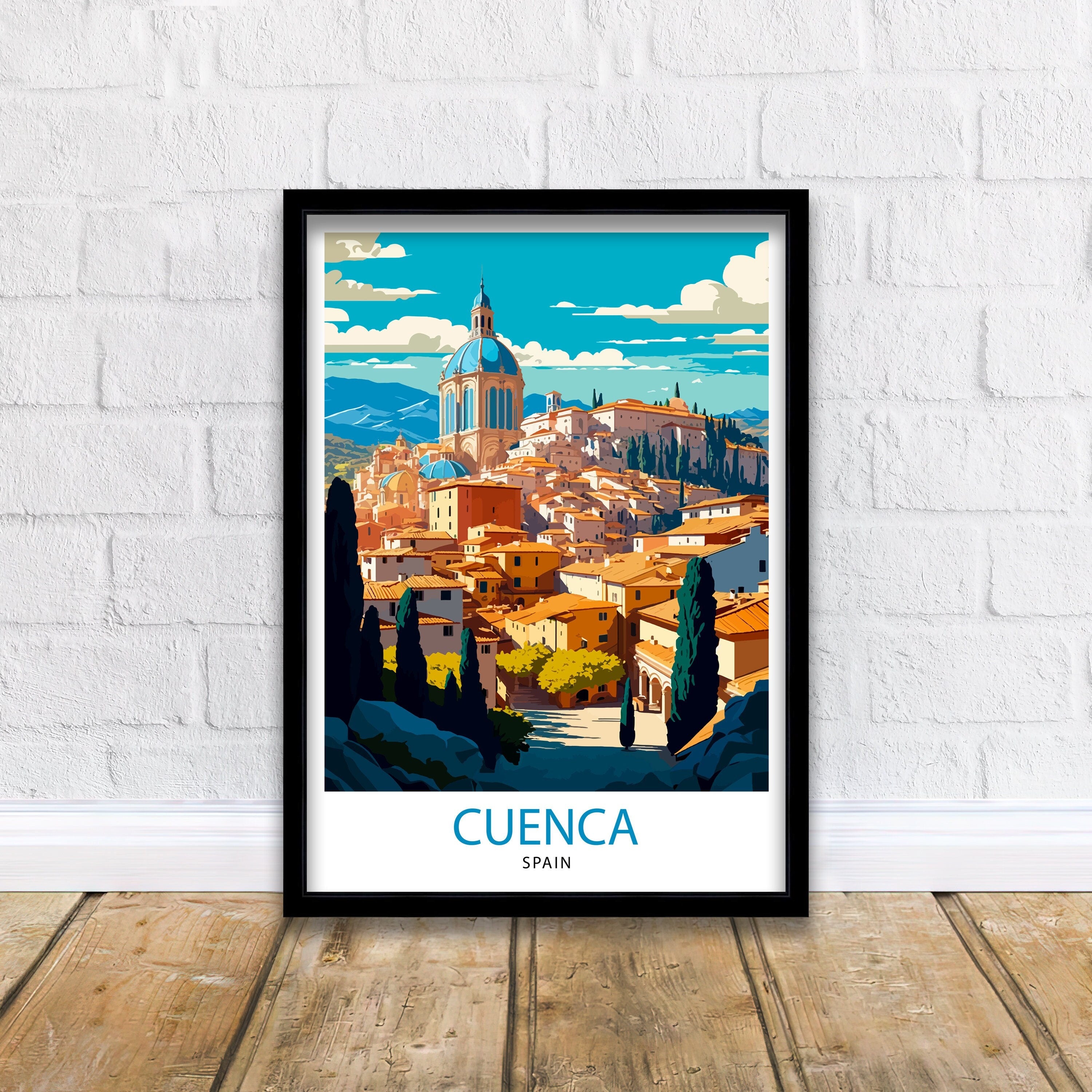 Cuenca Spain Travel Poster, Hanging Houses Illustration