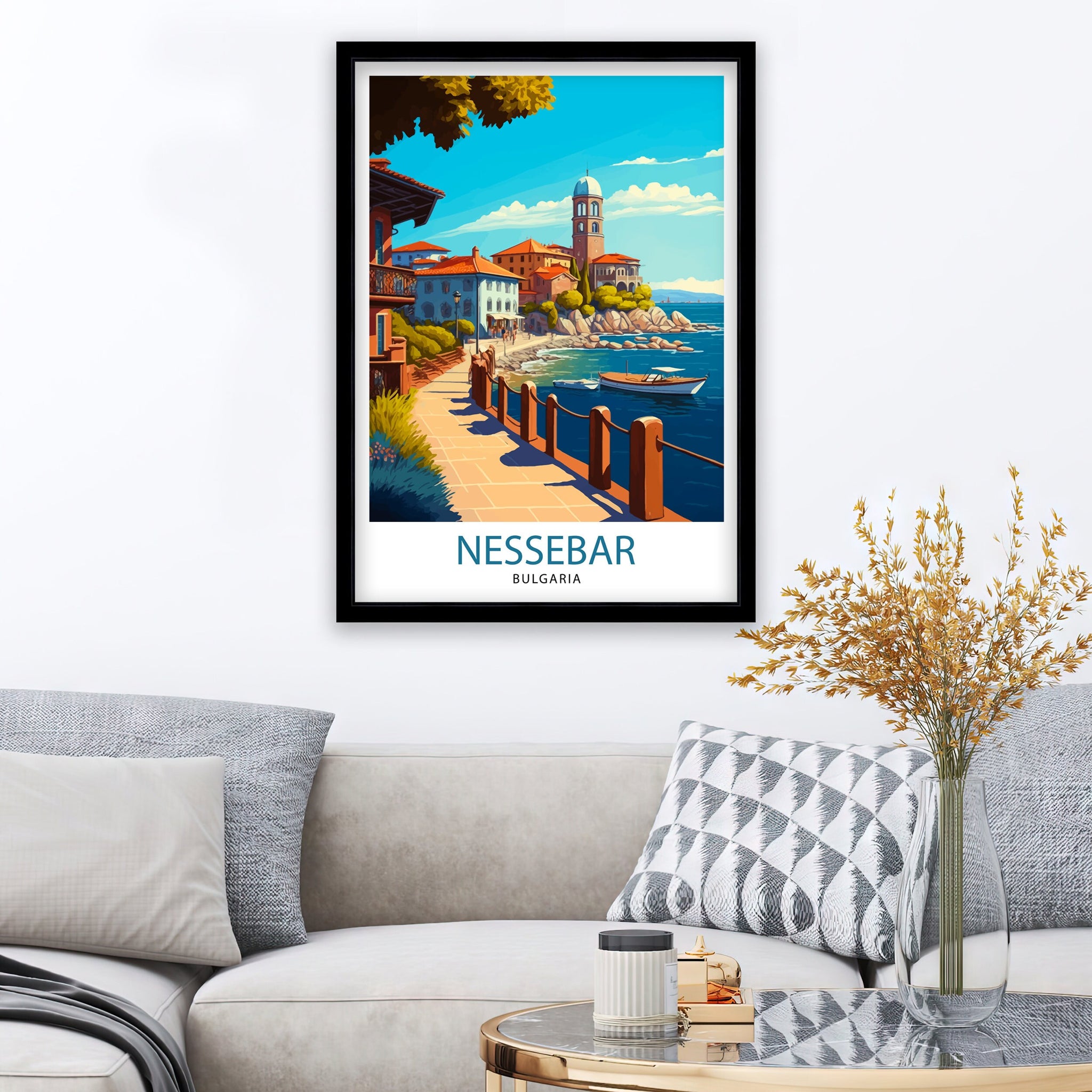 Nessebar Bulgaria Travel Poster, Coastal Illustration Art Print