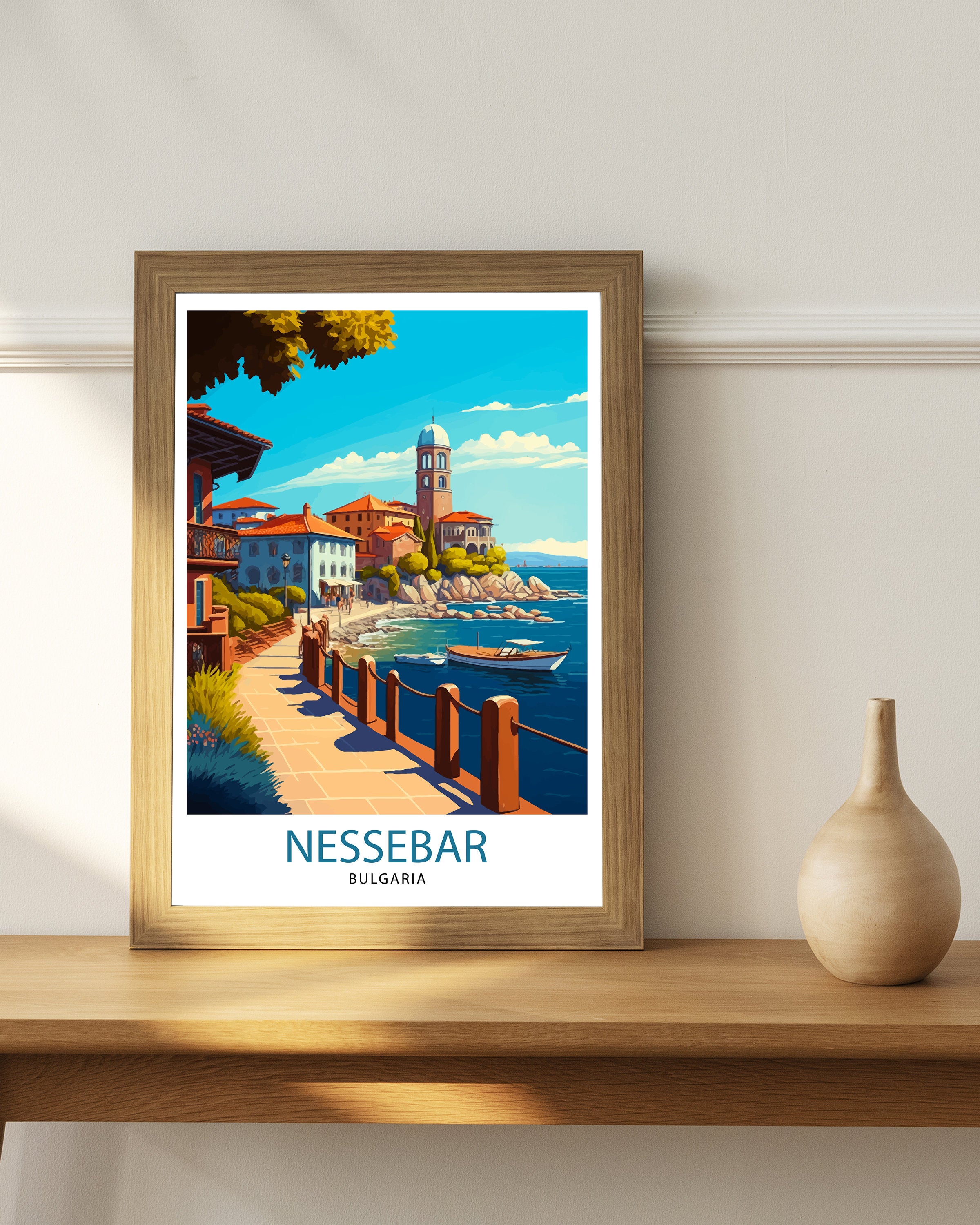 Nessebar Bulgaria Travel Poster, Coastal Illustration Art Print