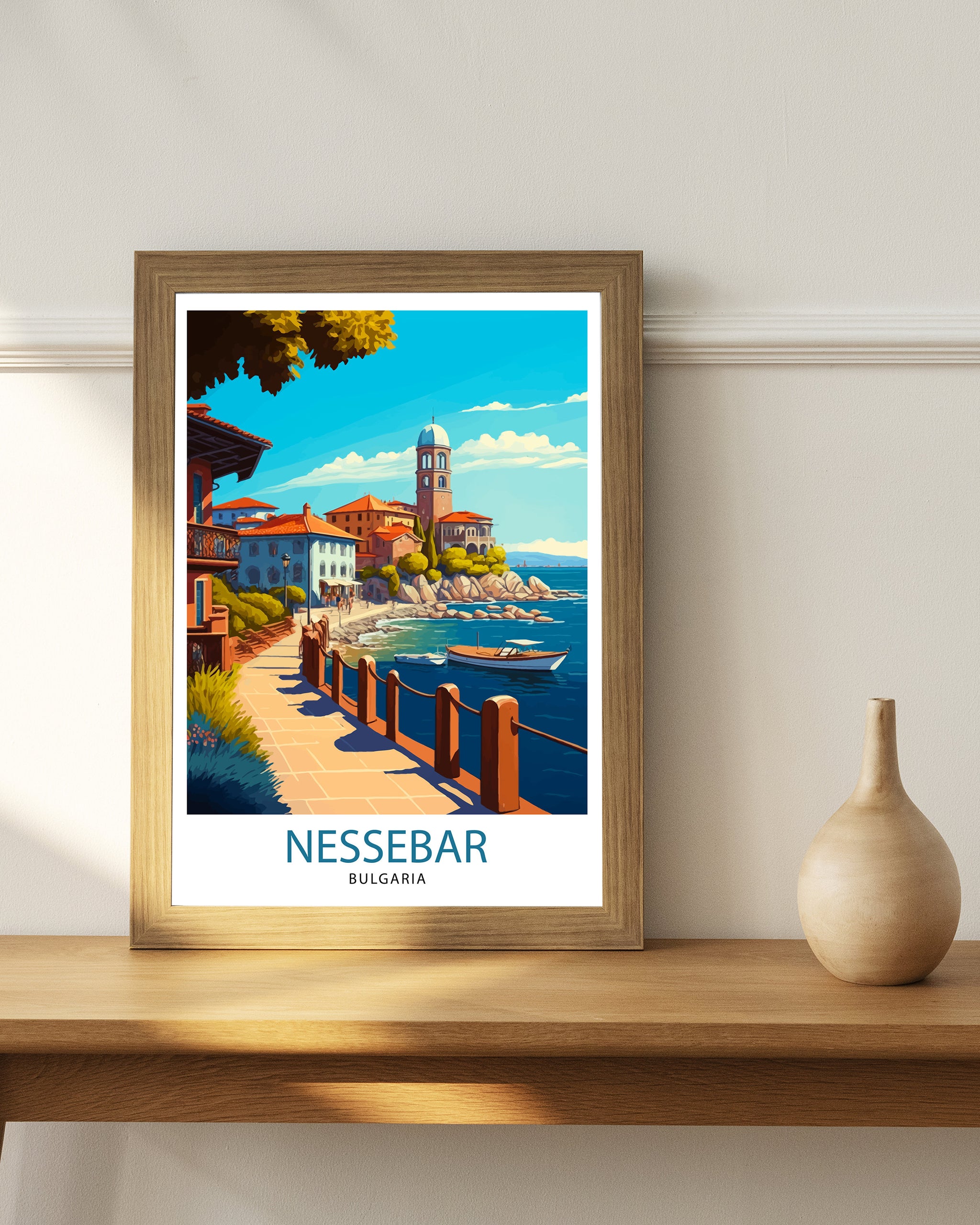 Nessebar Bulgaria Travel Poster, Coastal Illustration Art Print