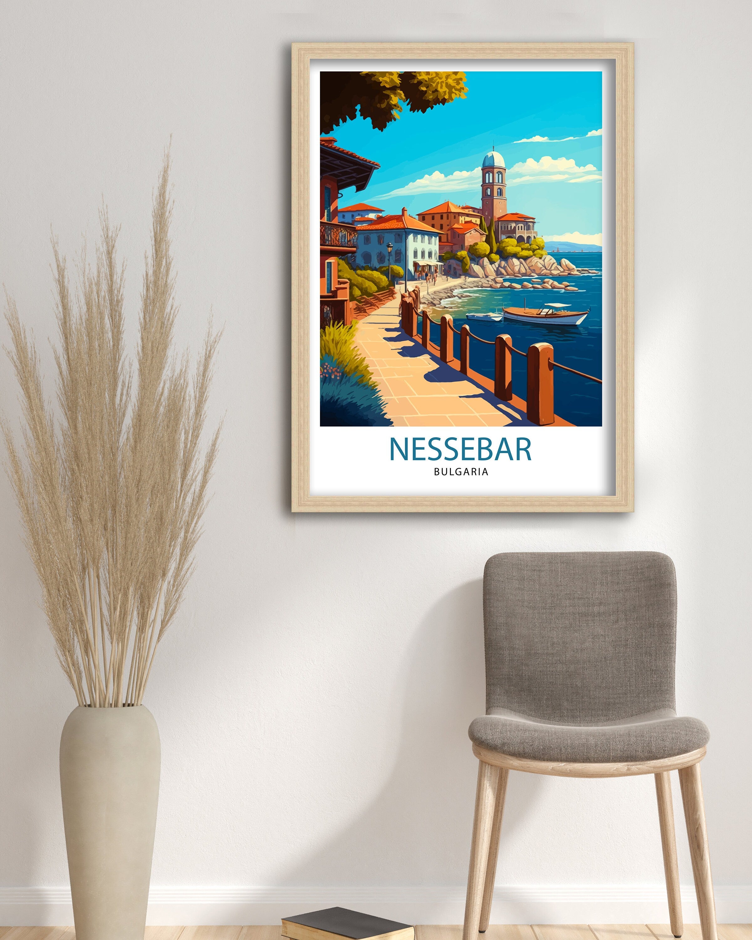 Nessebar Bulgaria Travel Poster, Coastal Illustration Art Print