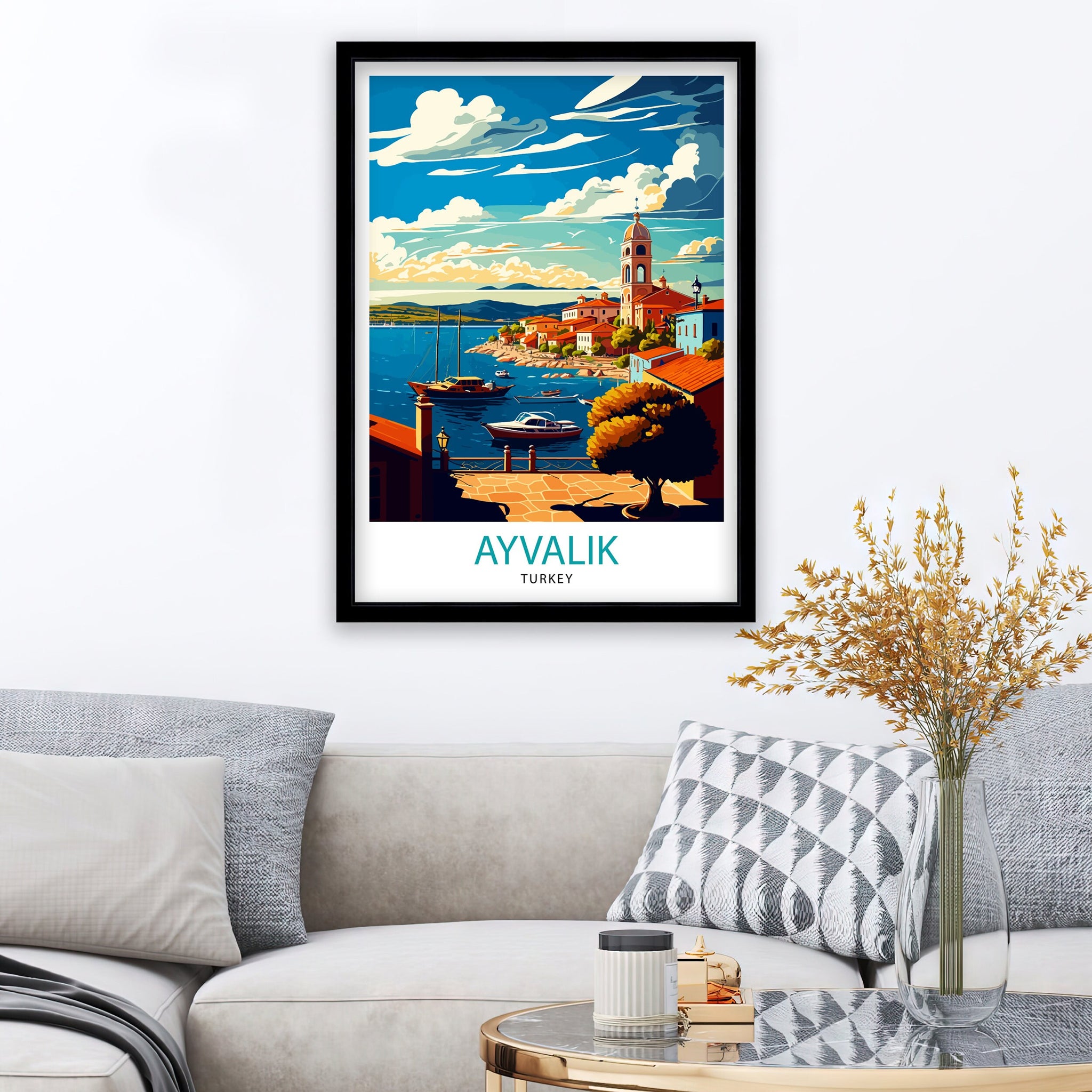 Ayvalik Turkey Travel Poster, Coastal Illustration
